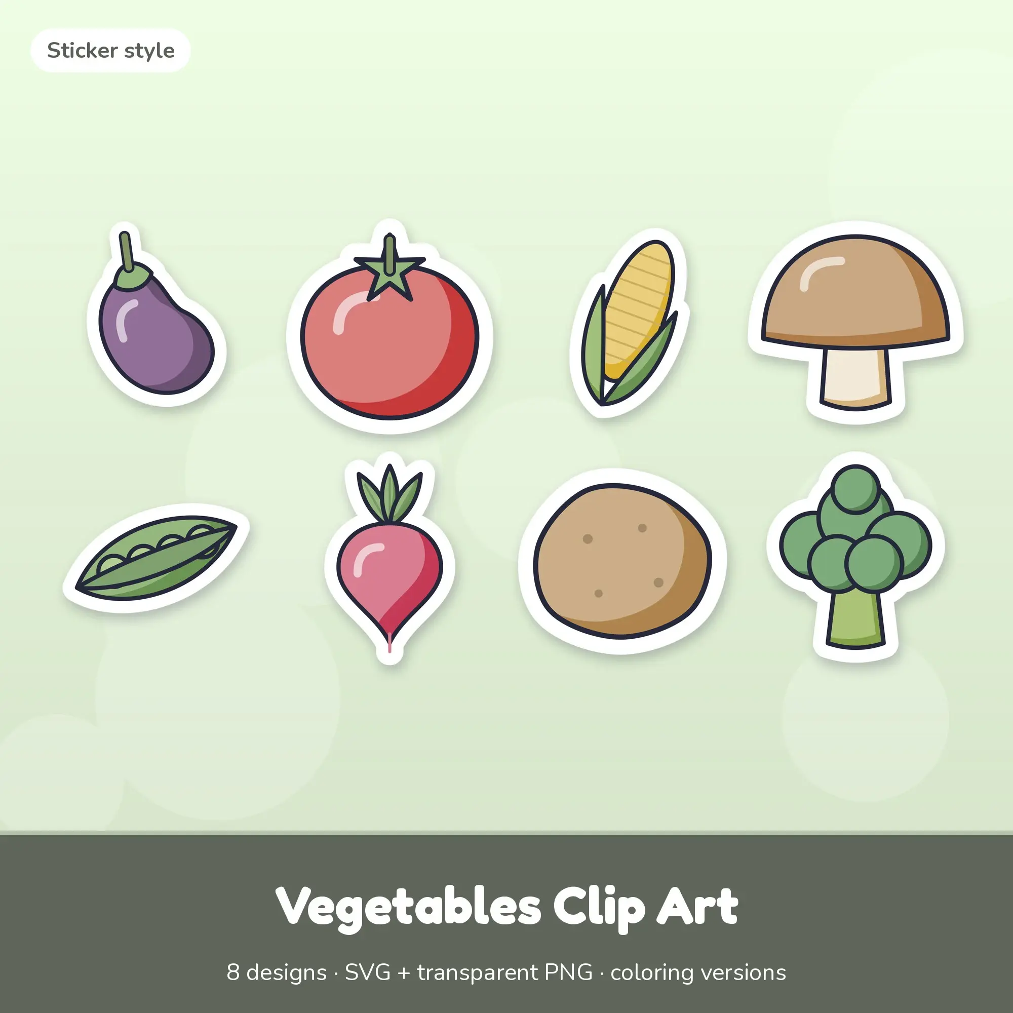Sticker Vegetables Clipart Set: 8 Vector Designs, SVG PNG, preview 1 of 2