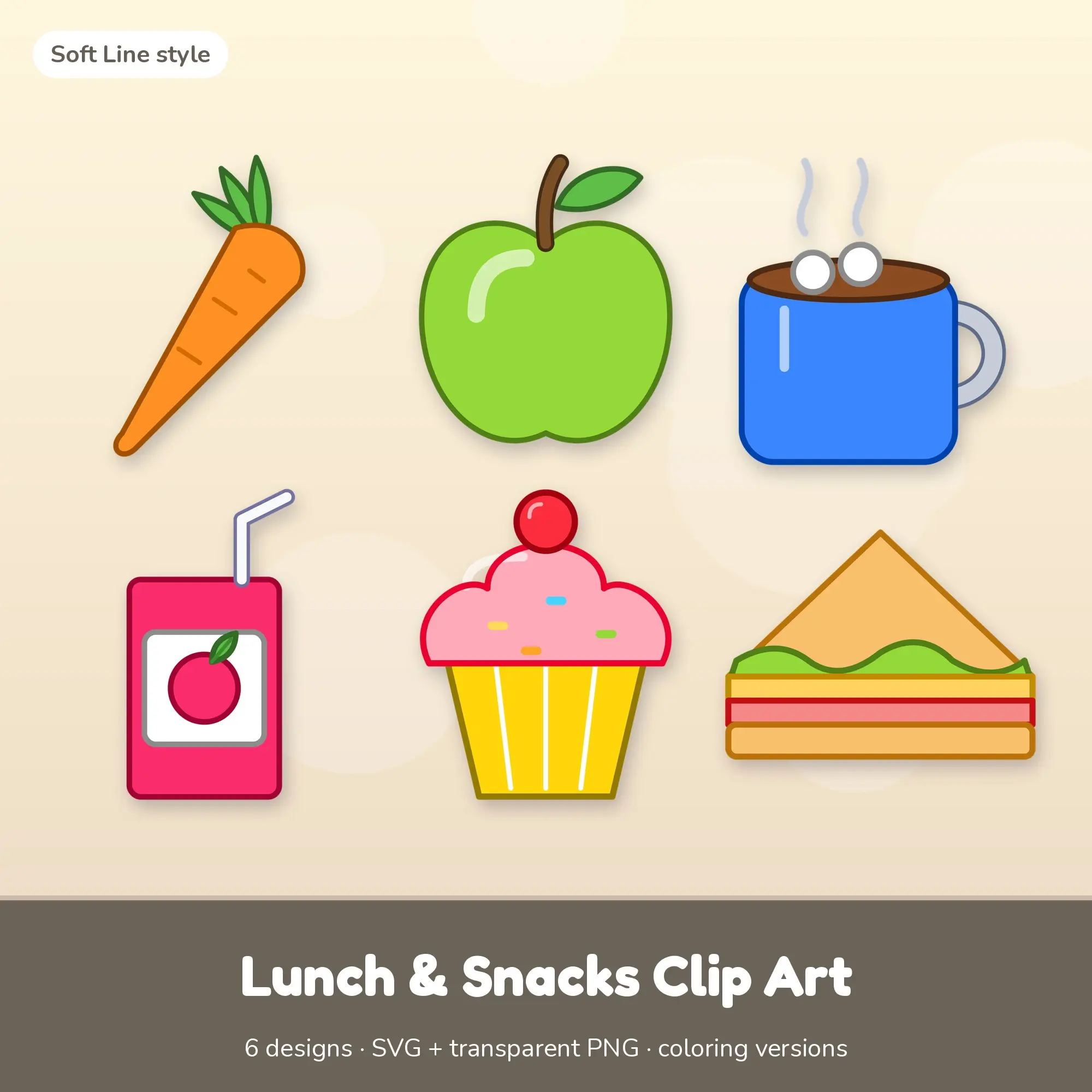 6 Lunch & Snacks Clip Art Vectors - Carrot, Apple, Hot Cocoa preview