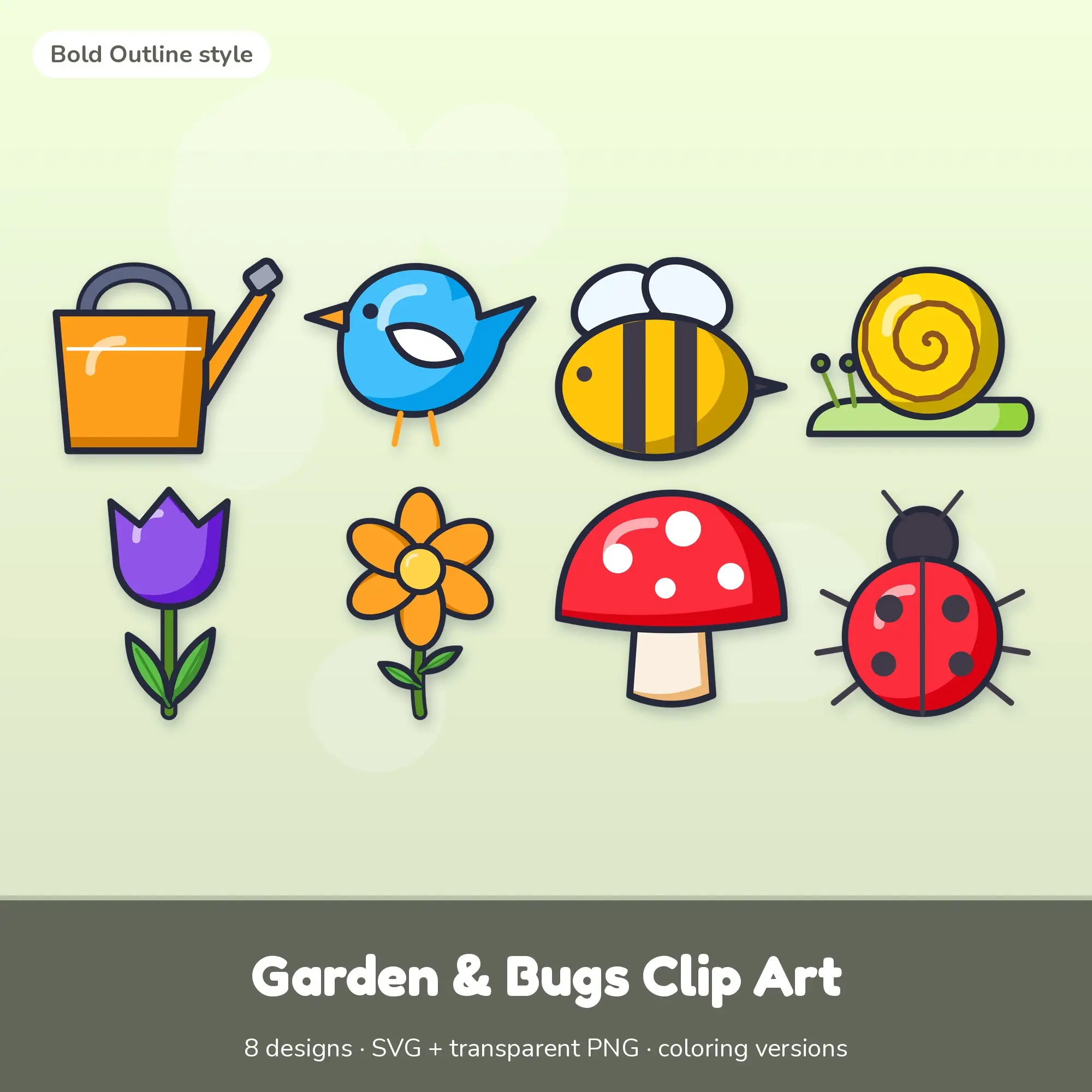 Vivid Pop Bold Outline Garden & Bugs Clipart - 8 SVG and PNG preview