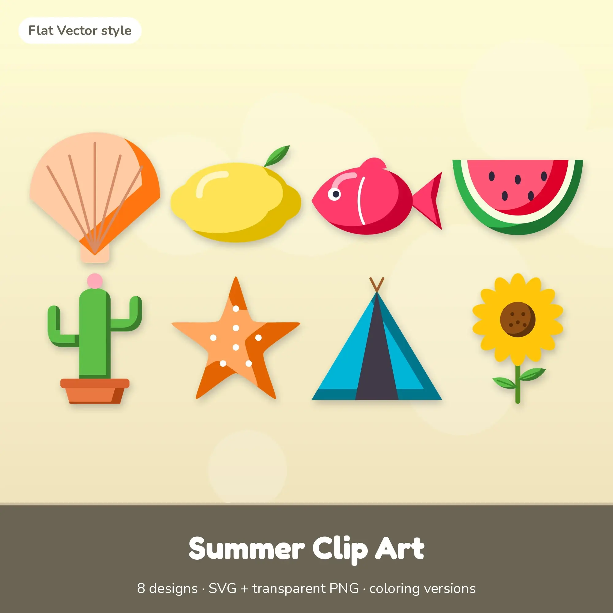 Flat Vector Summer Clipart Set: 8 Vector Designs, SVG PNG preview
