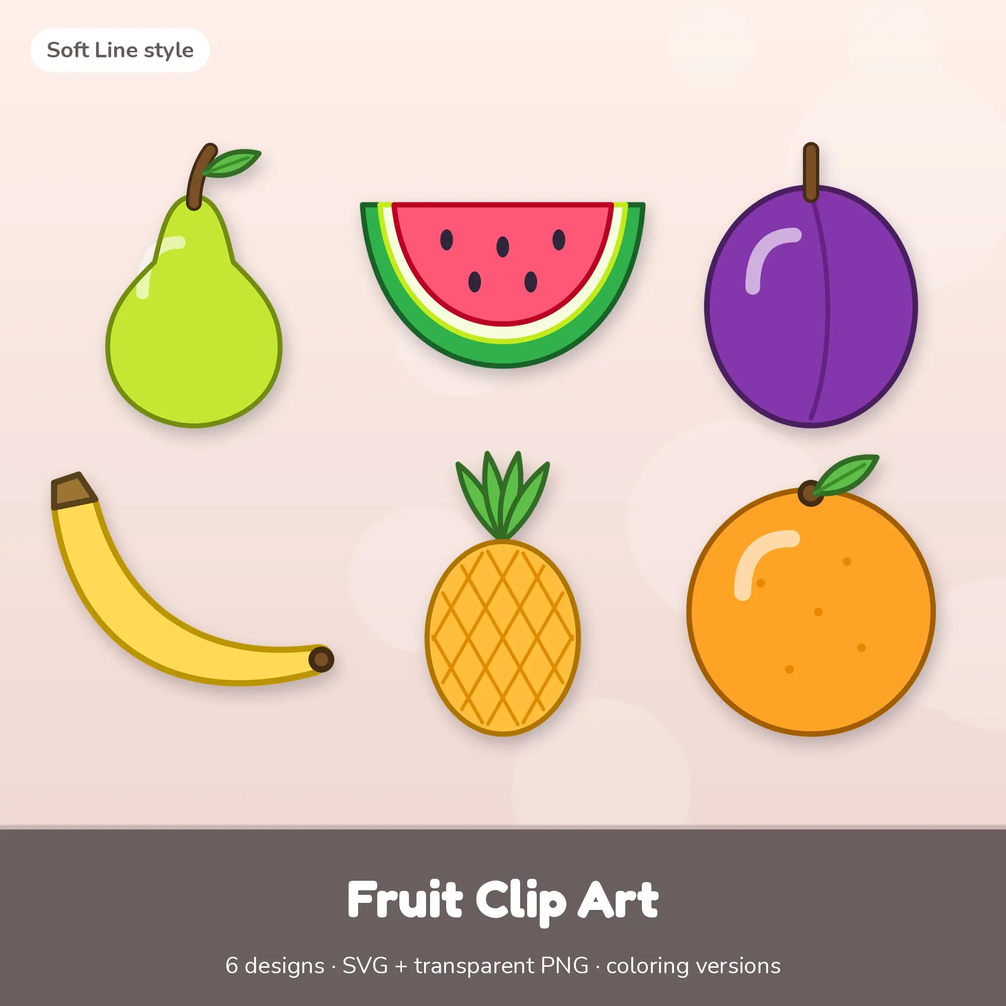 Vivid Pop Soft Line Fruit Clipart - 6 SVG and PNG preview