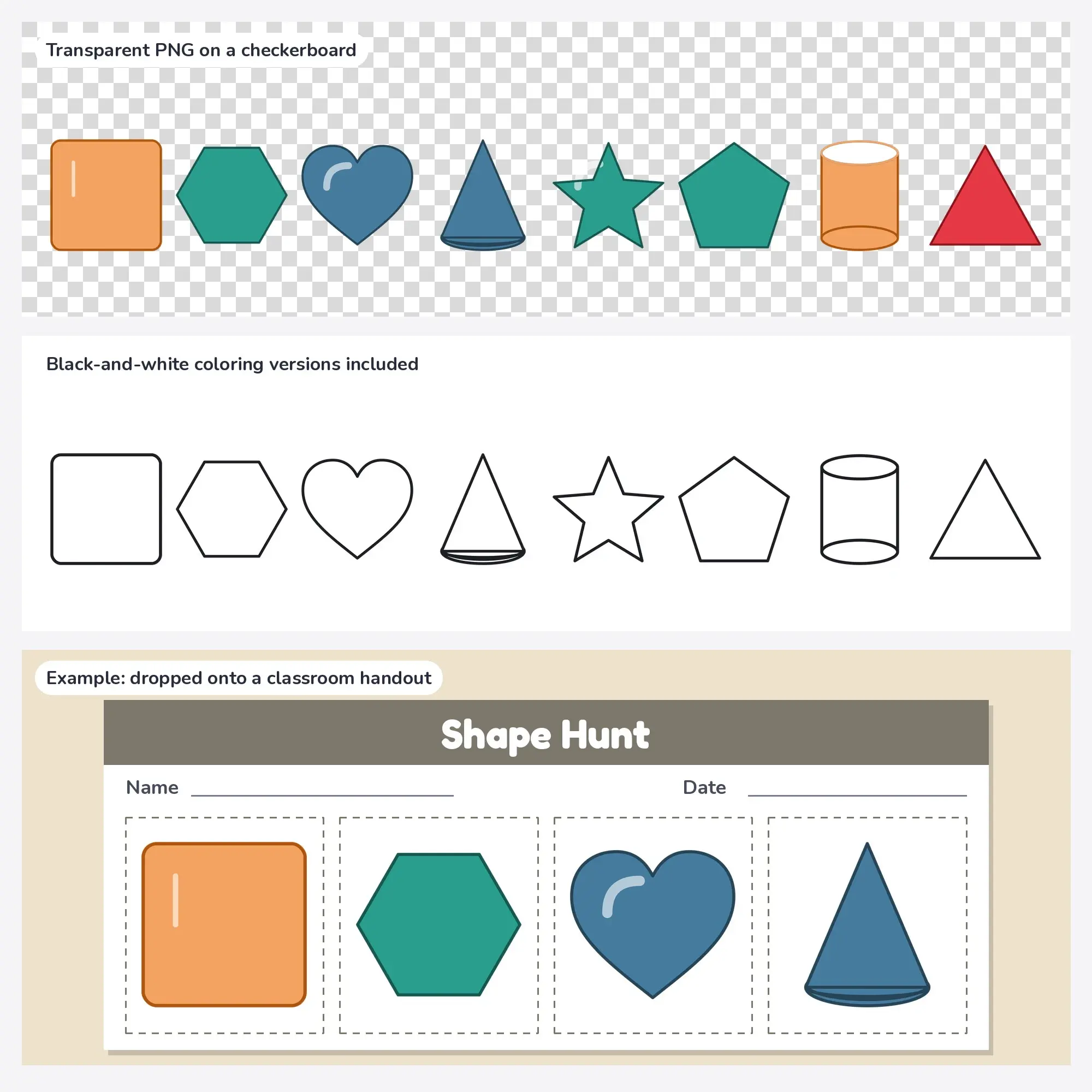 Shapes Clip Art with Coloring Pages - 8 Soft Line Designs, preview 2 of 2