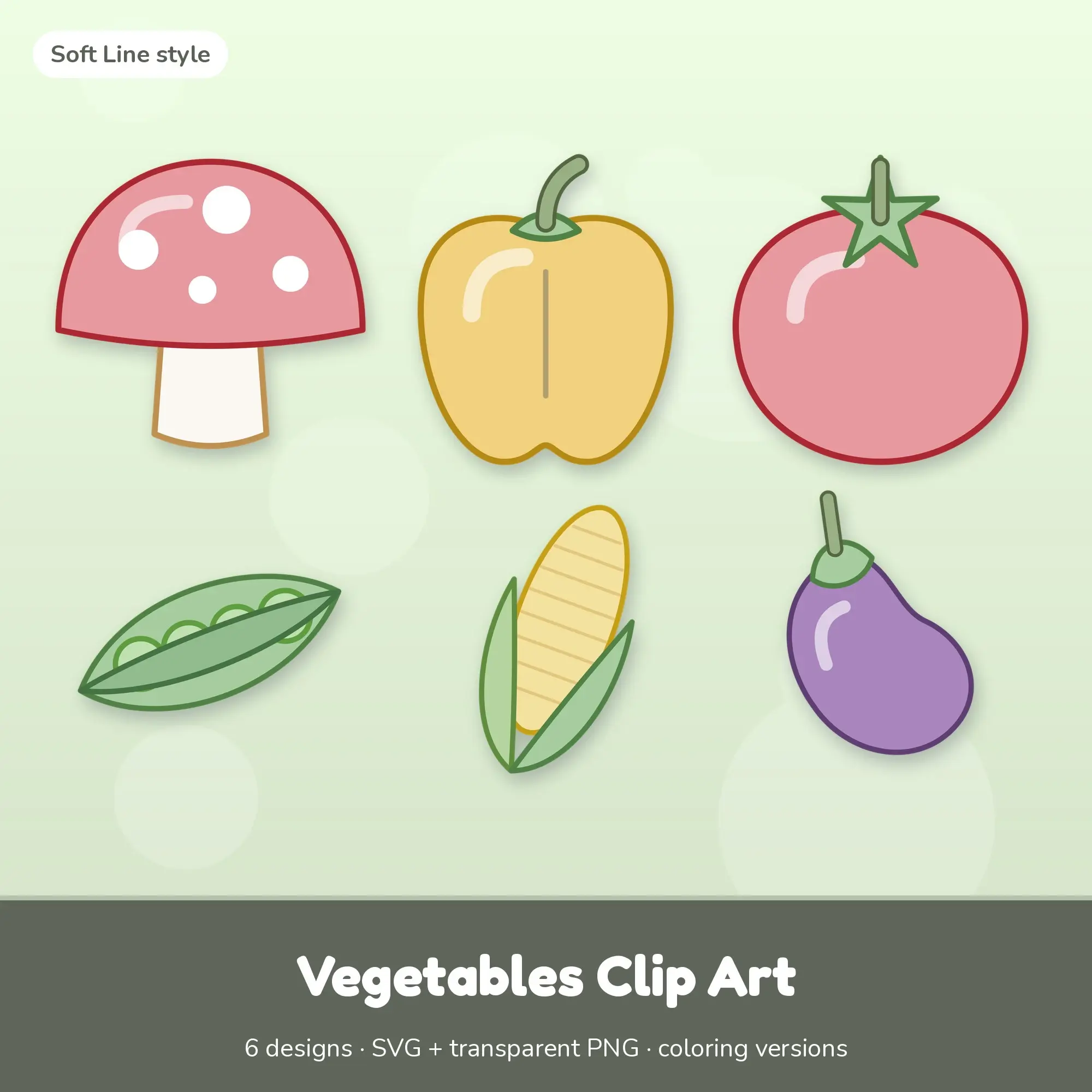 Soft Pastel Vegetables Clip Art - 6 SVG + PNG Designs preview