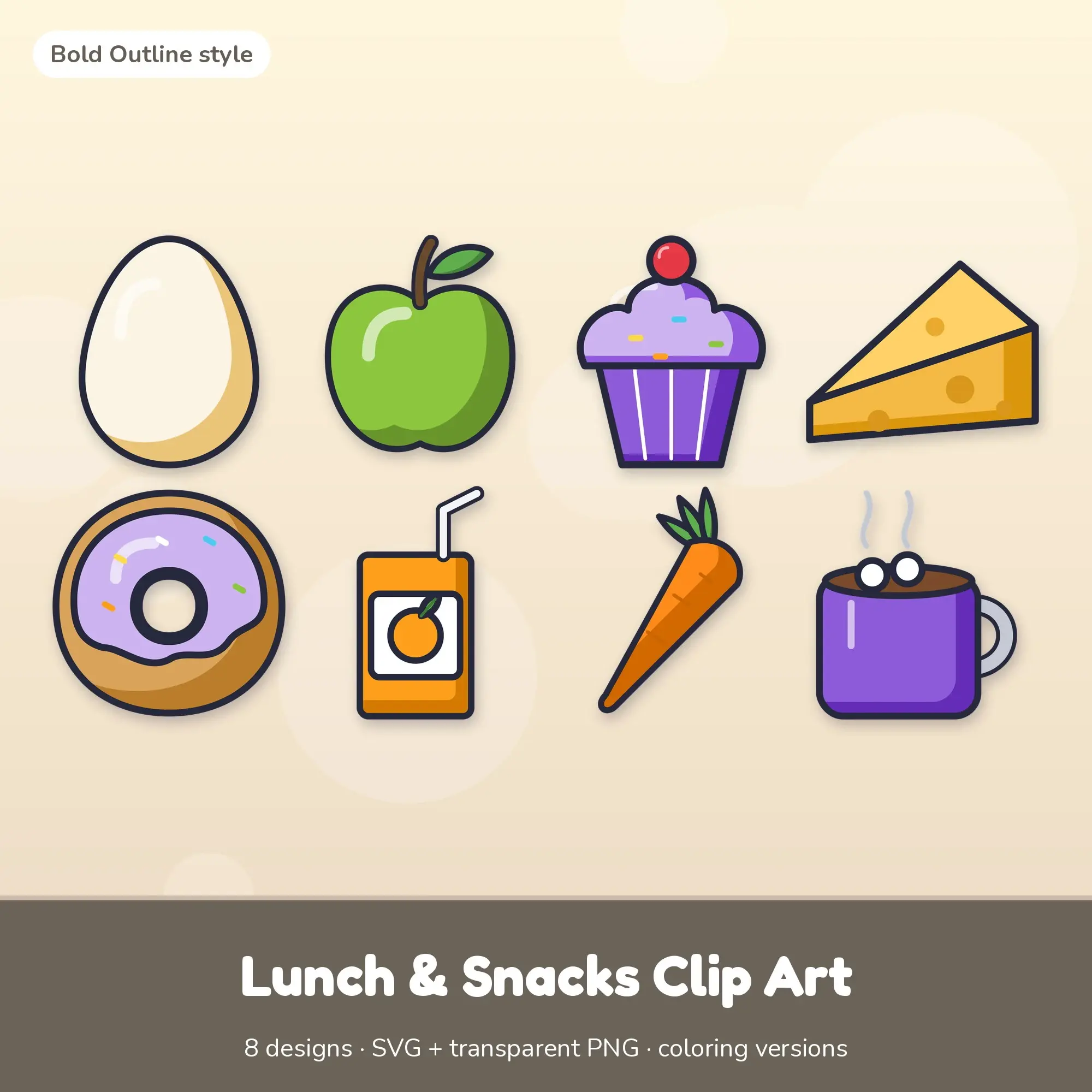 Bold Outline Lunch & Snacks Clipart Set: 8 Vector Designs, SVG PNG preview