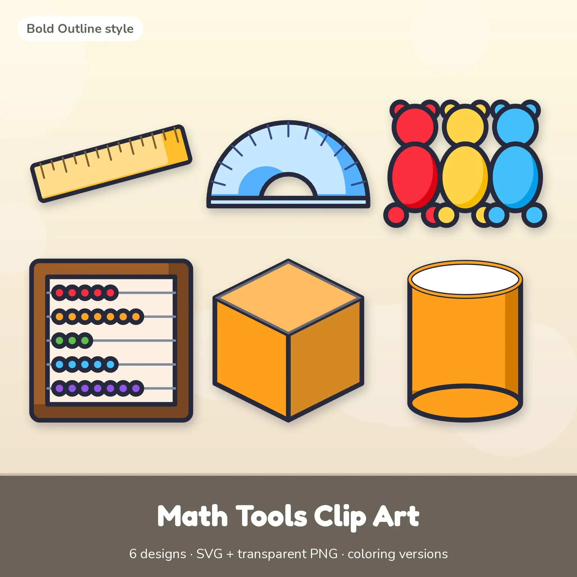 Ruler & Protractor Math Tools Clip Art, Bold Outline SVG PNG Set preview