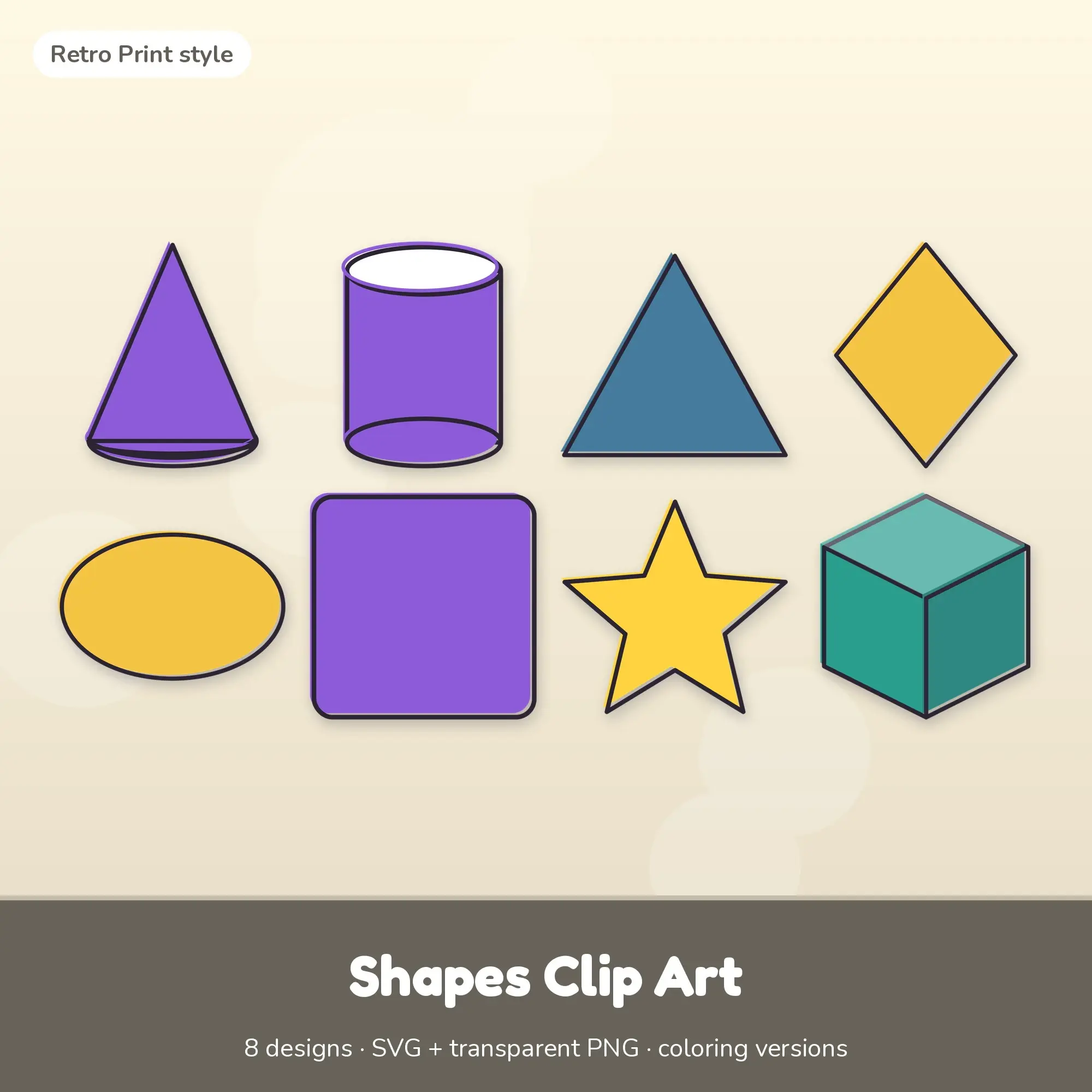 Retro Print Shapes Clipart Set: 8 Vector Designs, SVG PNG preview