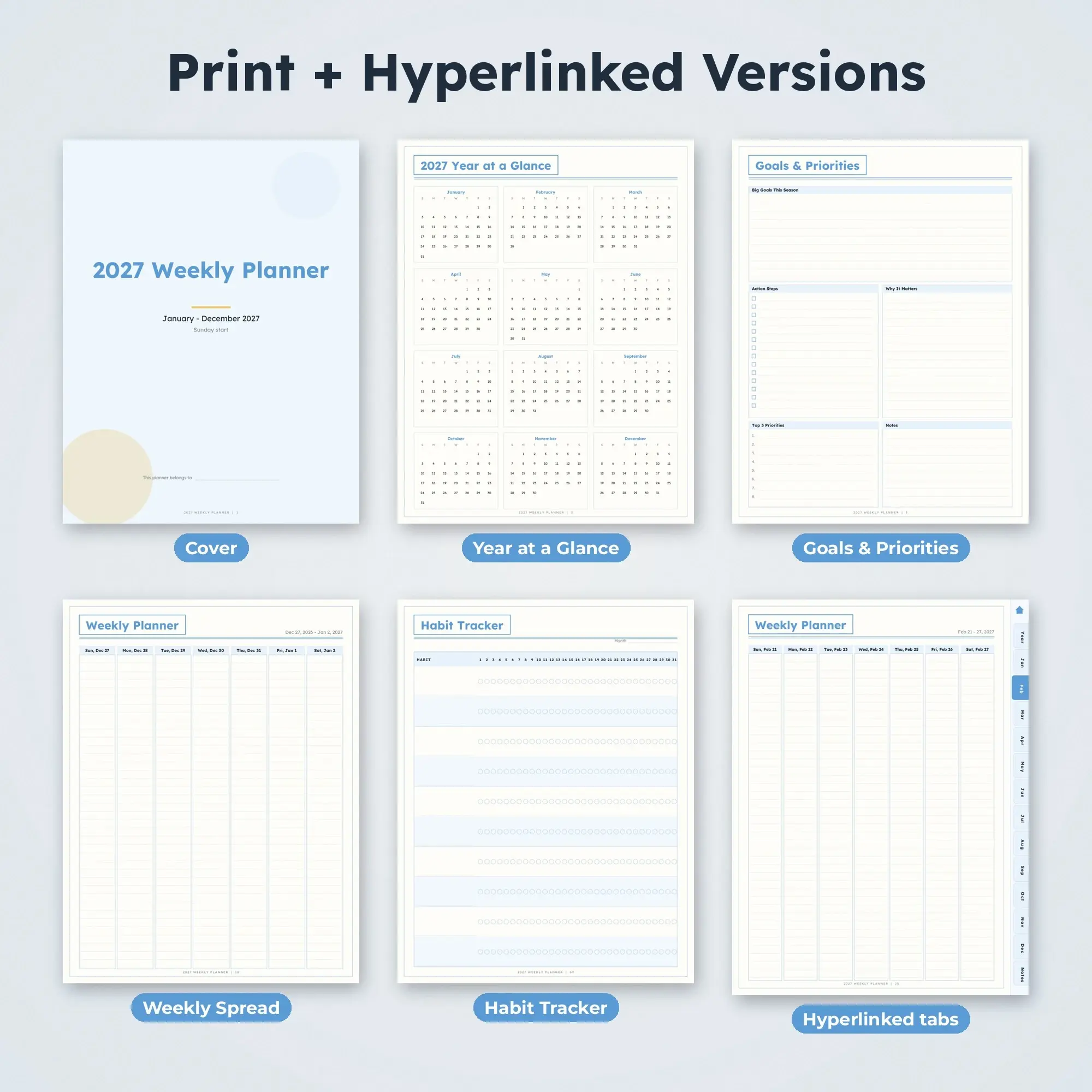 2027 Weekly Planner Hyperlinked Digital + Printable PDF, Sky Blue, preview 2 of 2