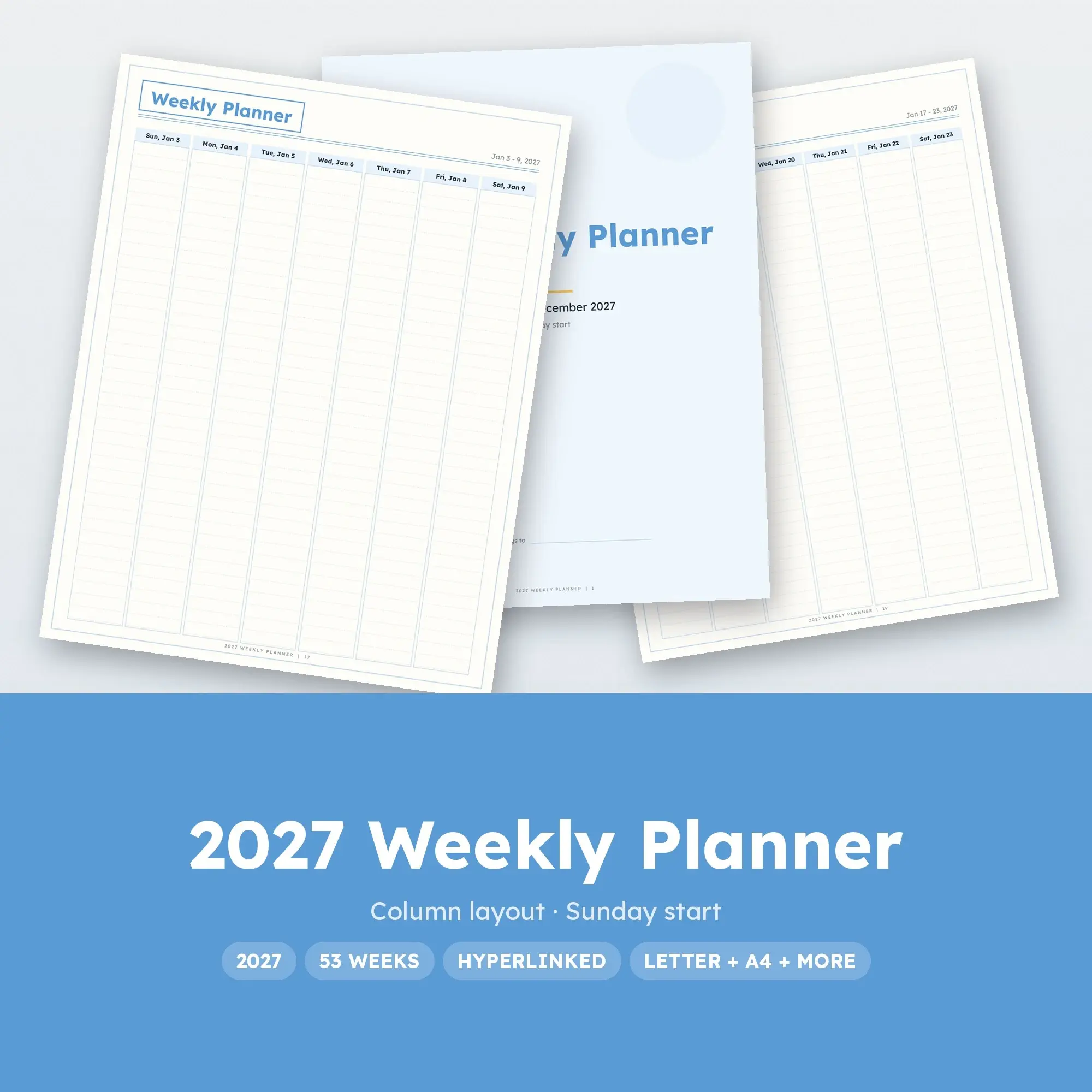2027 Weekly Planner Hyperlinked Digital + Printable PDF, Sky Blue, preview 1 of 2