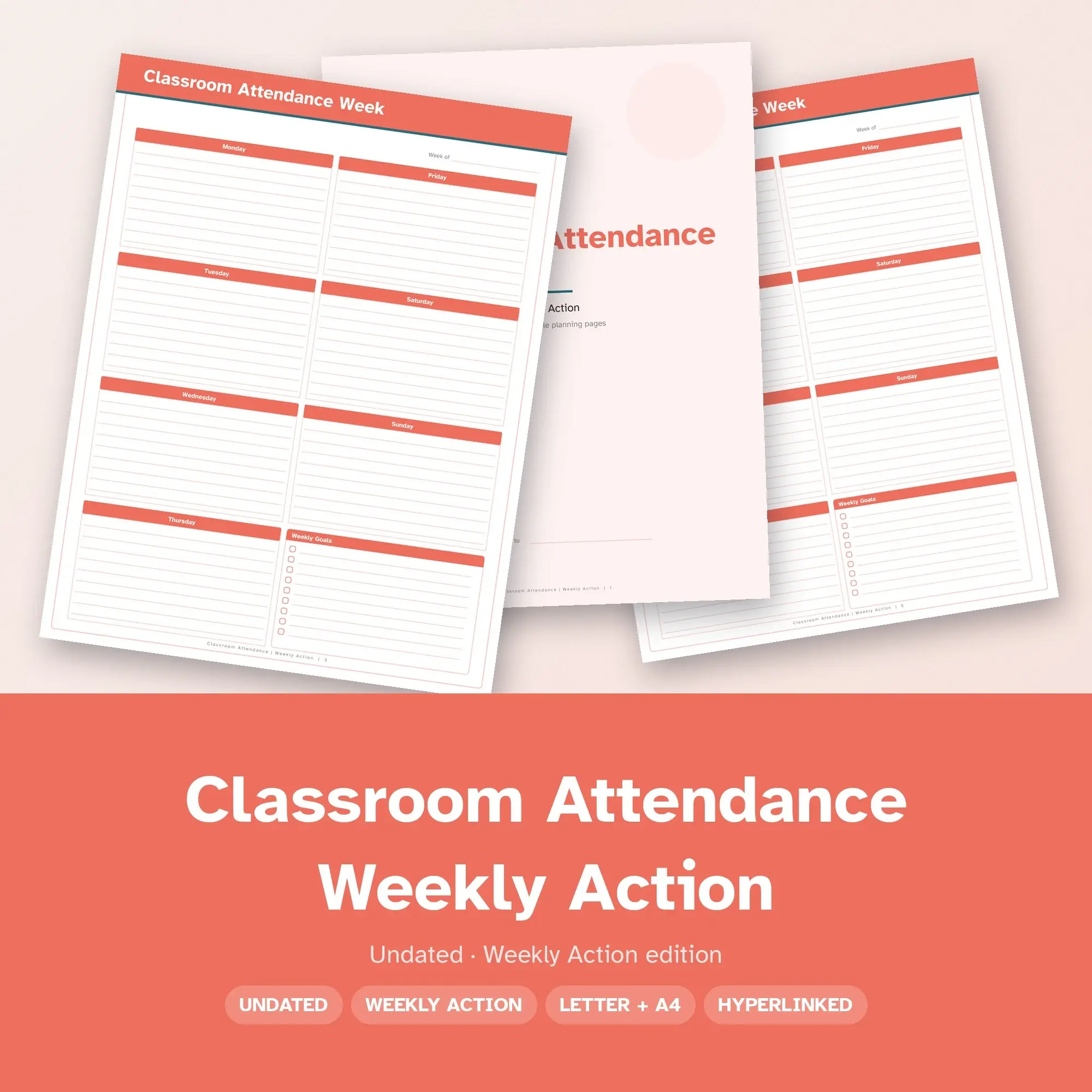 Classroom Attendance Weekly Action Planner PDF - Coral preview