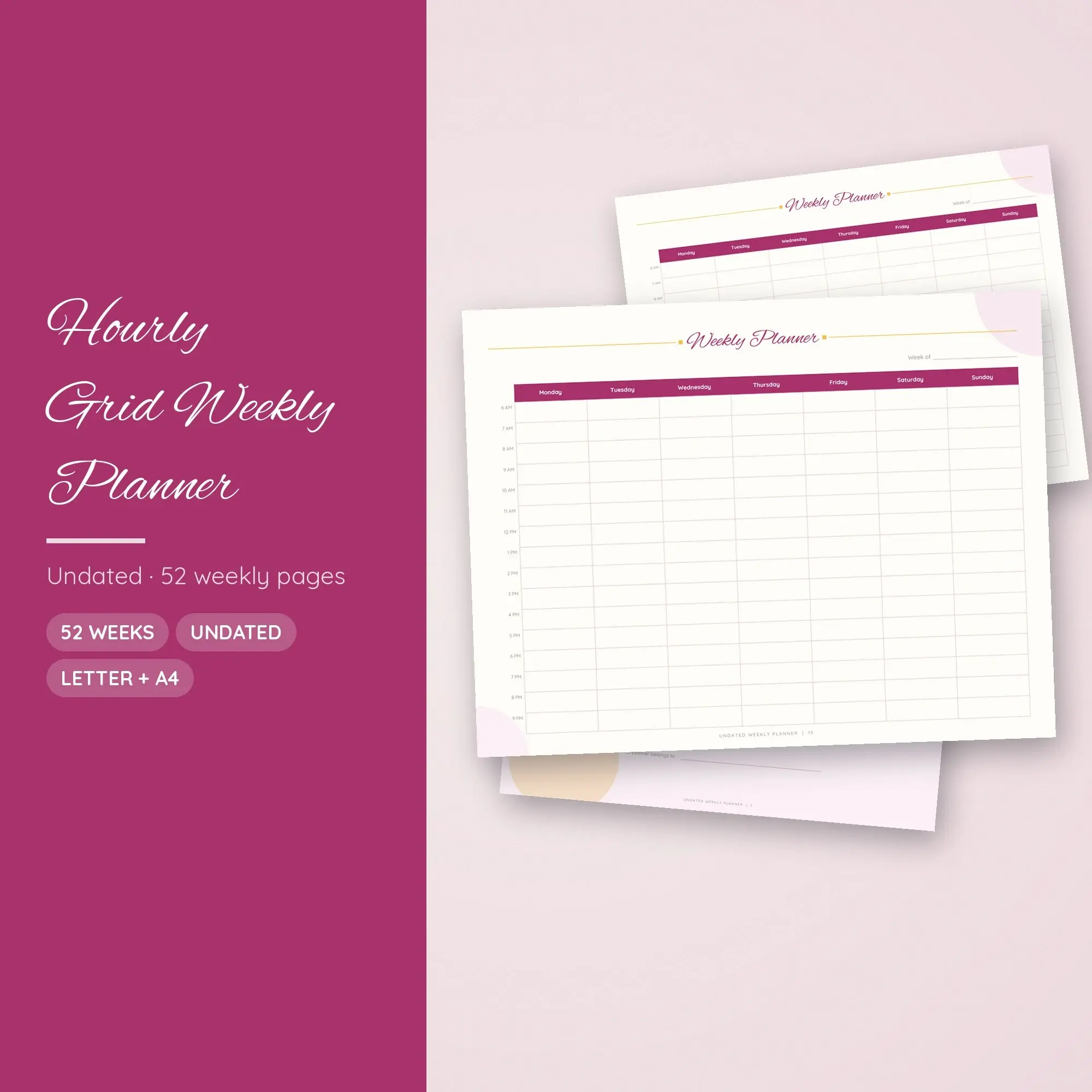 Berry Weekly Planner Undated, Hourly Grid Pages US Letter A4 preview
