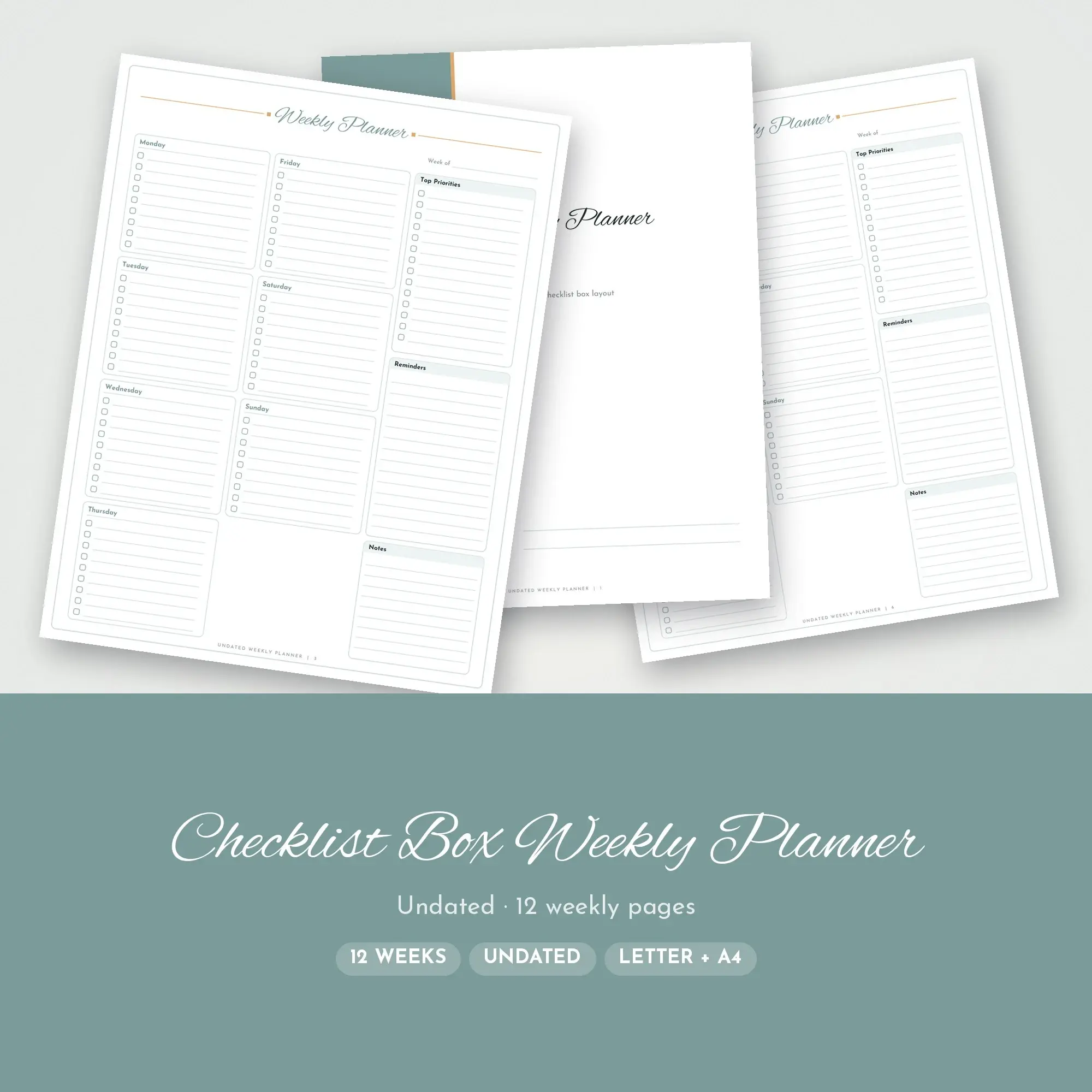 Printable Weekly Planner Undated Boho Seafoam, 12 Weeks preview