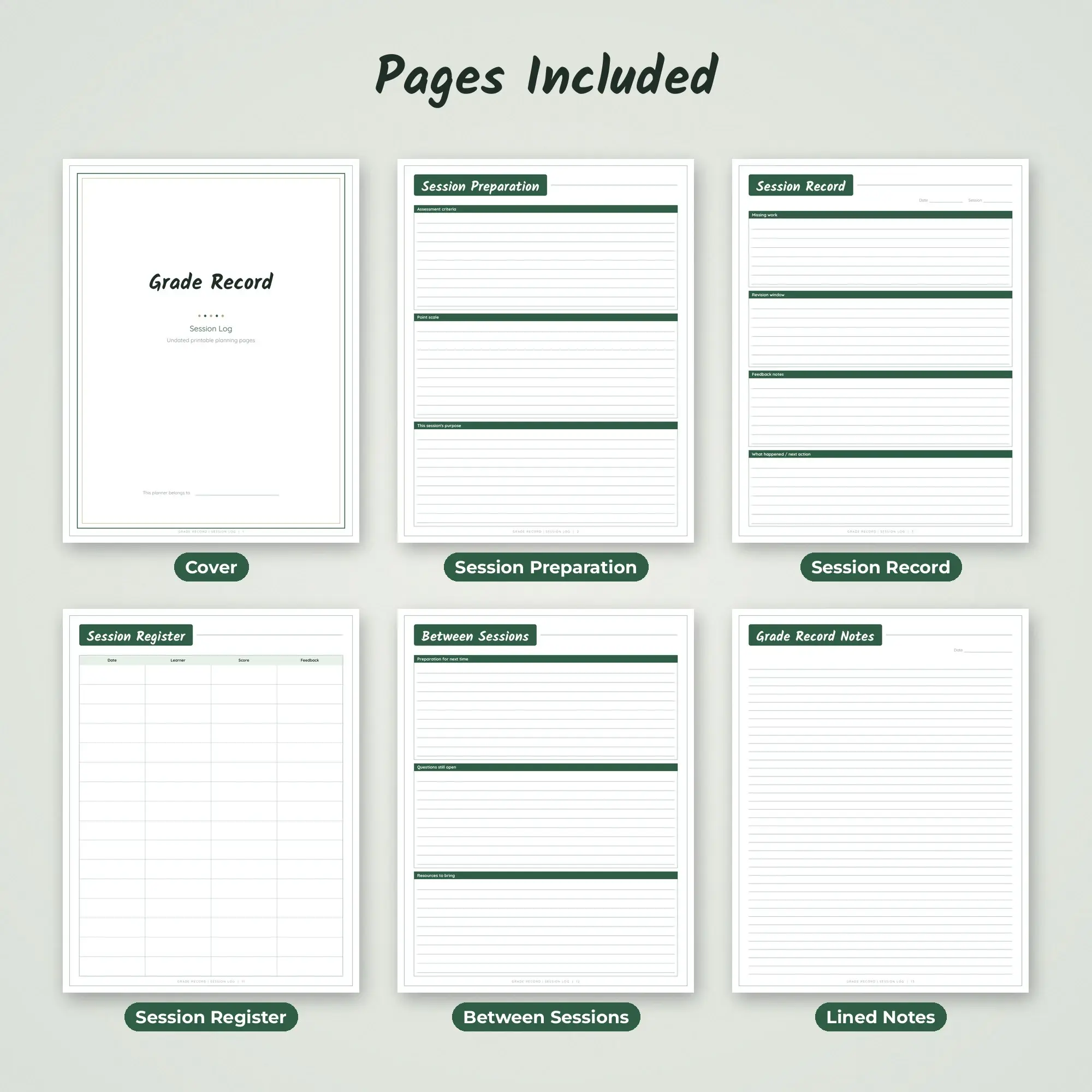 Grade Record Session Log Planner PDF - Forest, preview 2 of 2