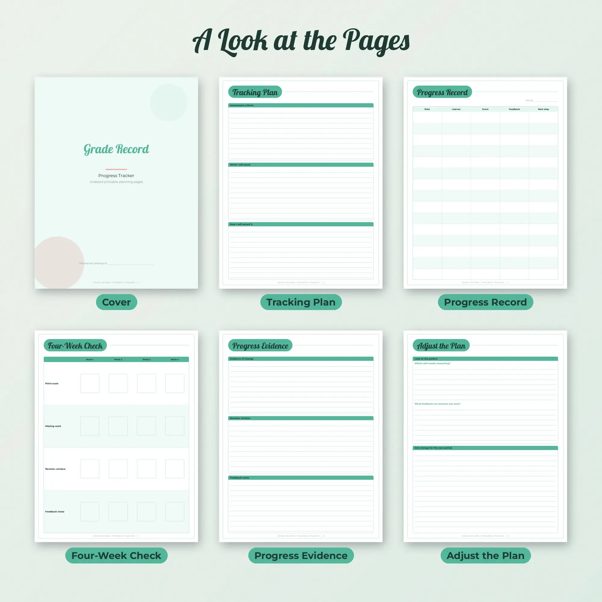 Grade Record Progress Tracker Planner PDF - Mint, preview 2 of 2