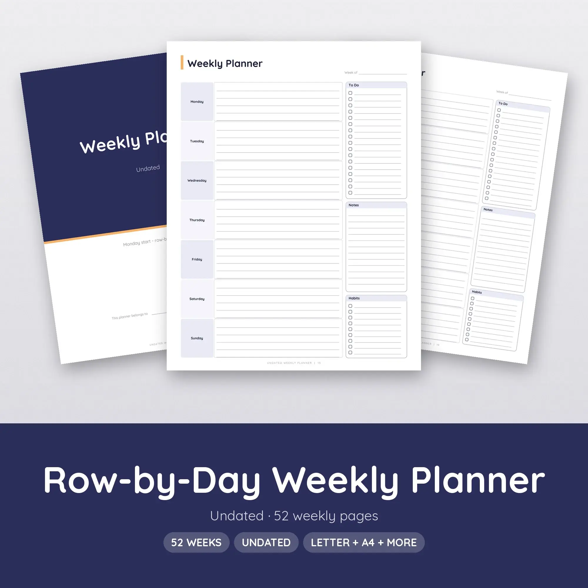 Undated Weekly Planner Printable - Row-by-Day Layout, Midnight preview