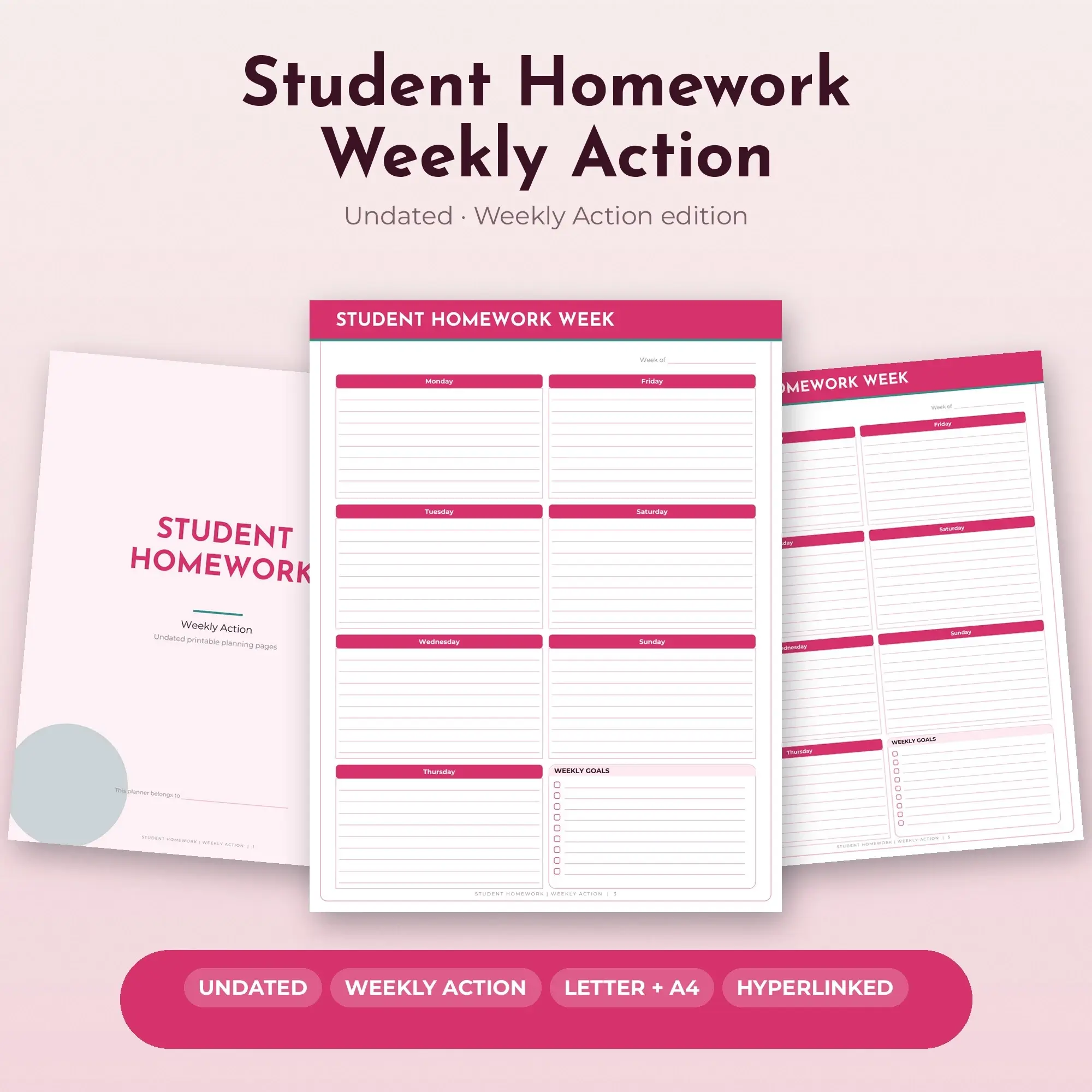 Student Homework Weekly Action Planner PDF - Raspberry preview