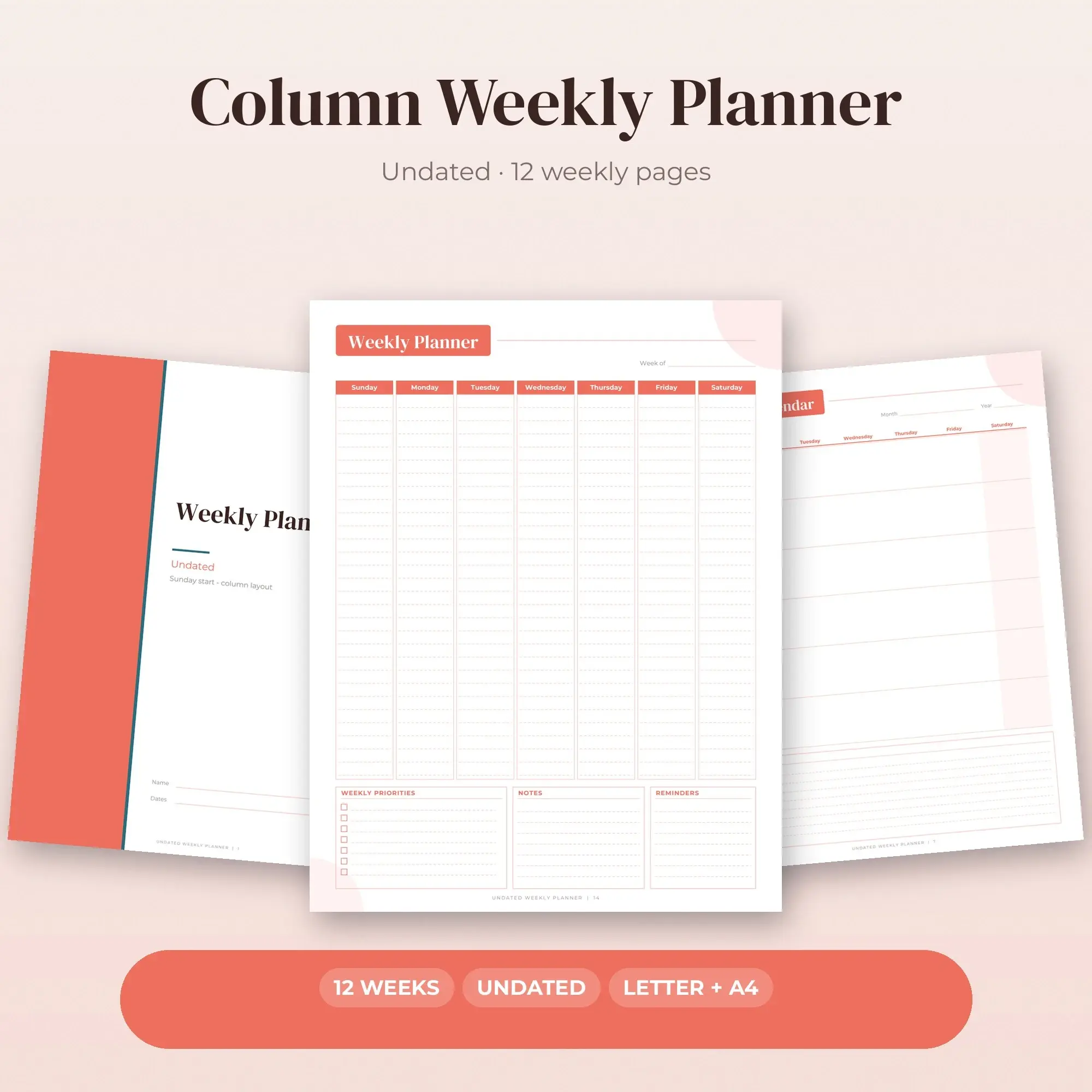 Classic Weekly Planner Printable, Undated Coral PDF preview