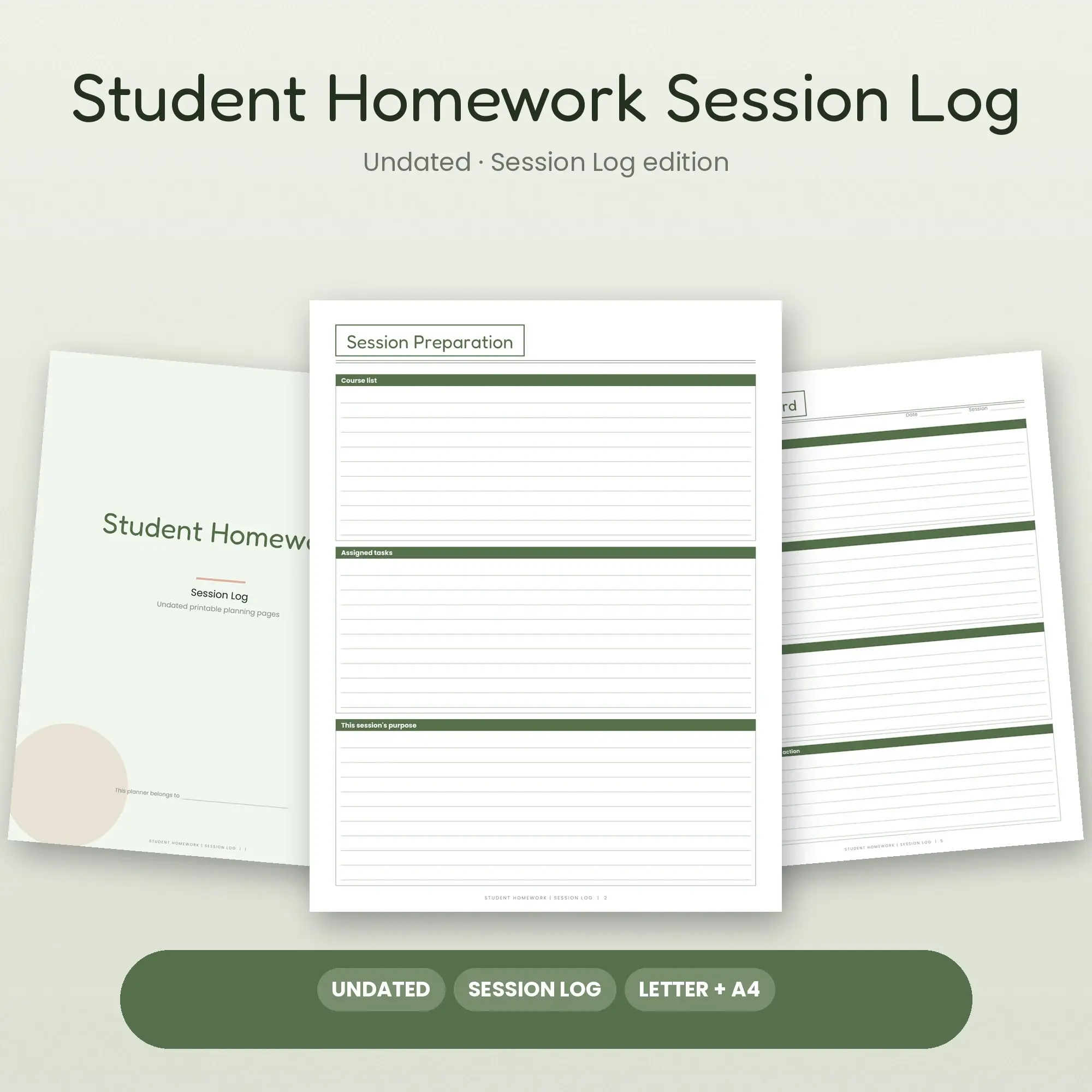 Student Homework Session Log Planner PDF - Moss preview