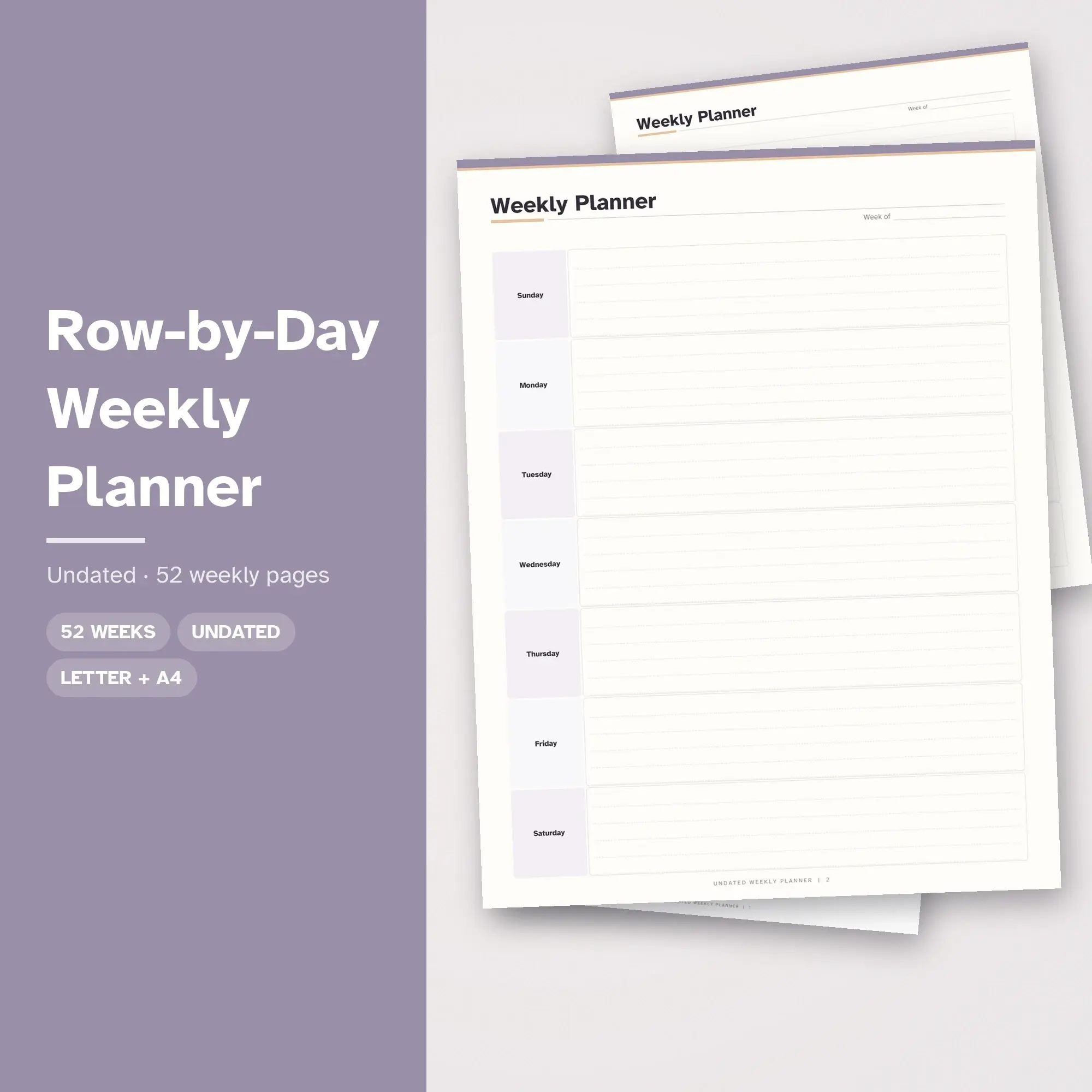 Undated Weekly Planner Printable - Row-by-Day Layout, Lilac preview