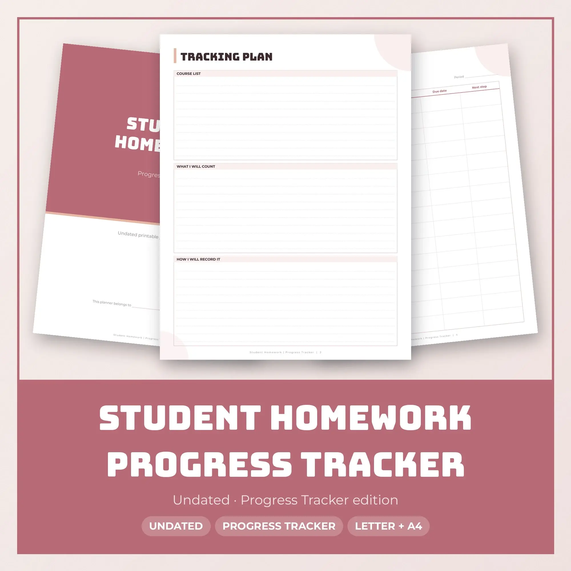 Student Homework Progress Tracker Planner PDF - Dusty Rose preview