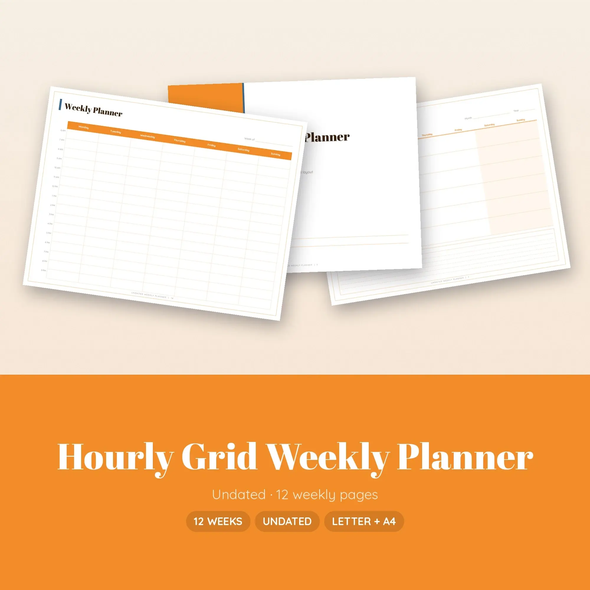 Tangerine Weekly Planner Undated, Hourly Grid Pages US Letter A4 preview