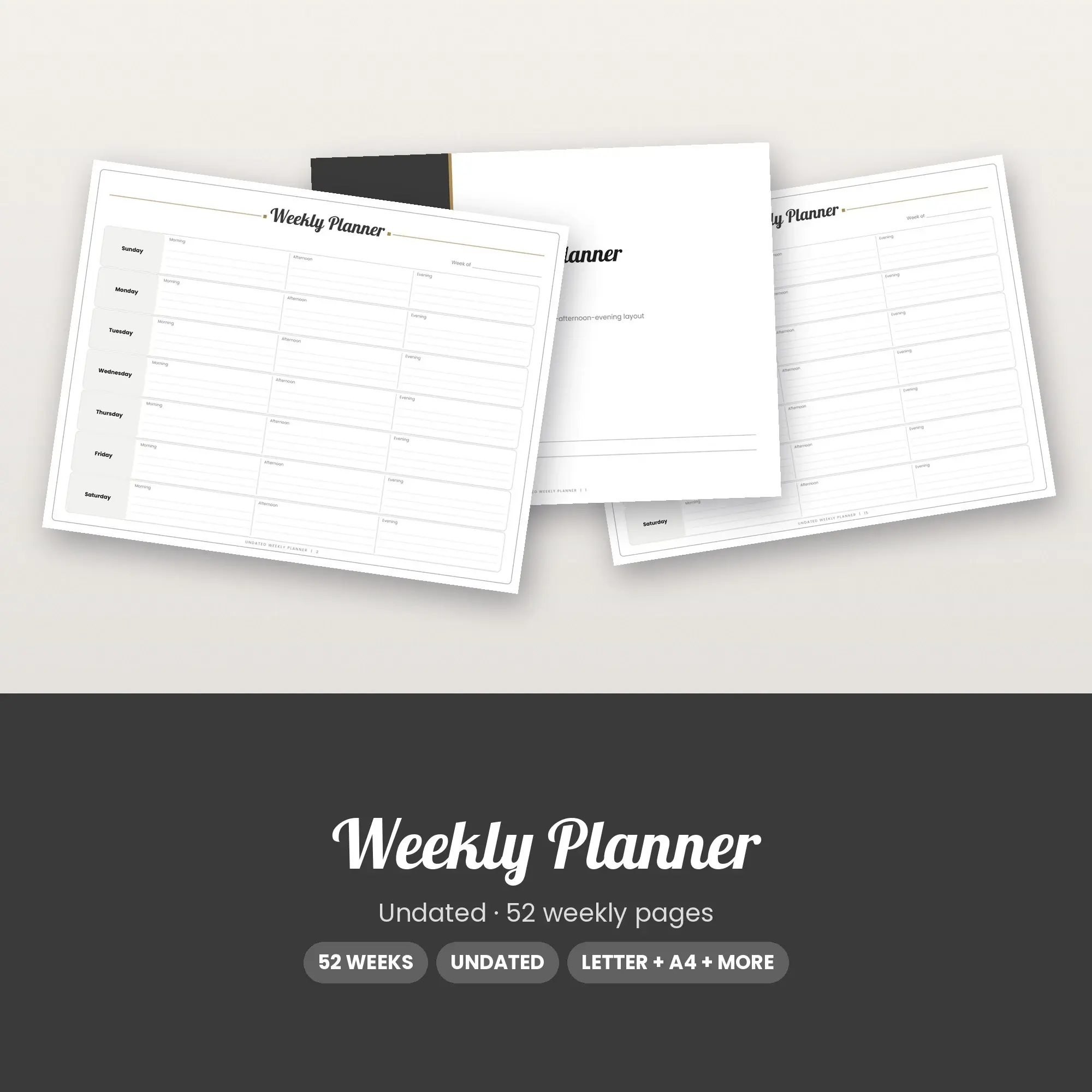 Morning-Afternoon-Evening Weekly Planner Printable, Boho Charcoal Undated preview