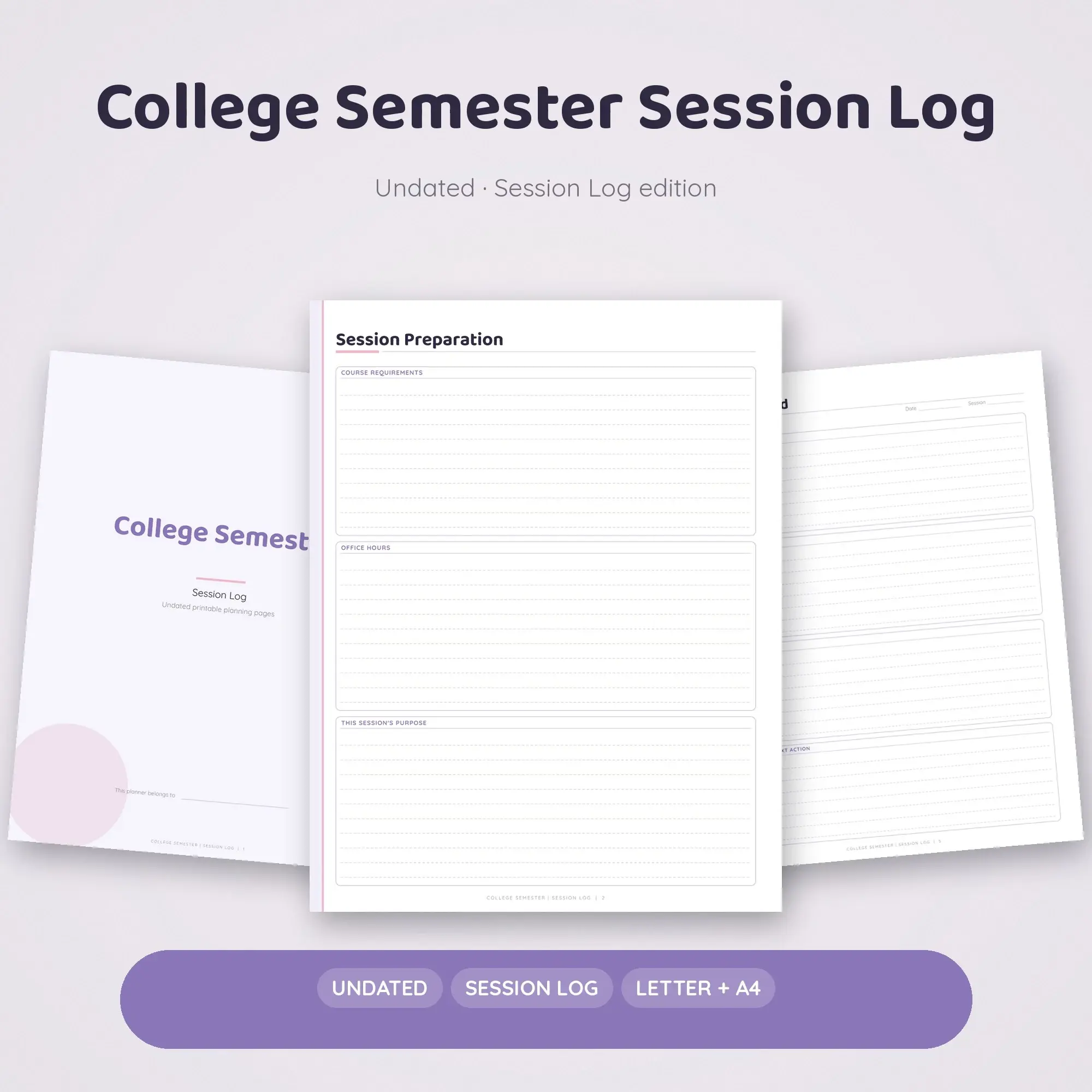 College Semester Session Log Planner PDF - Lavender preview