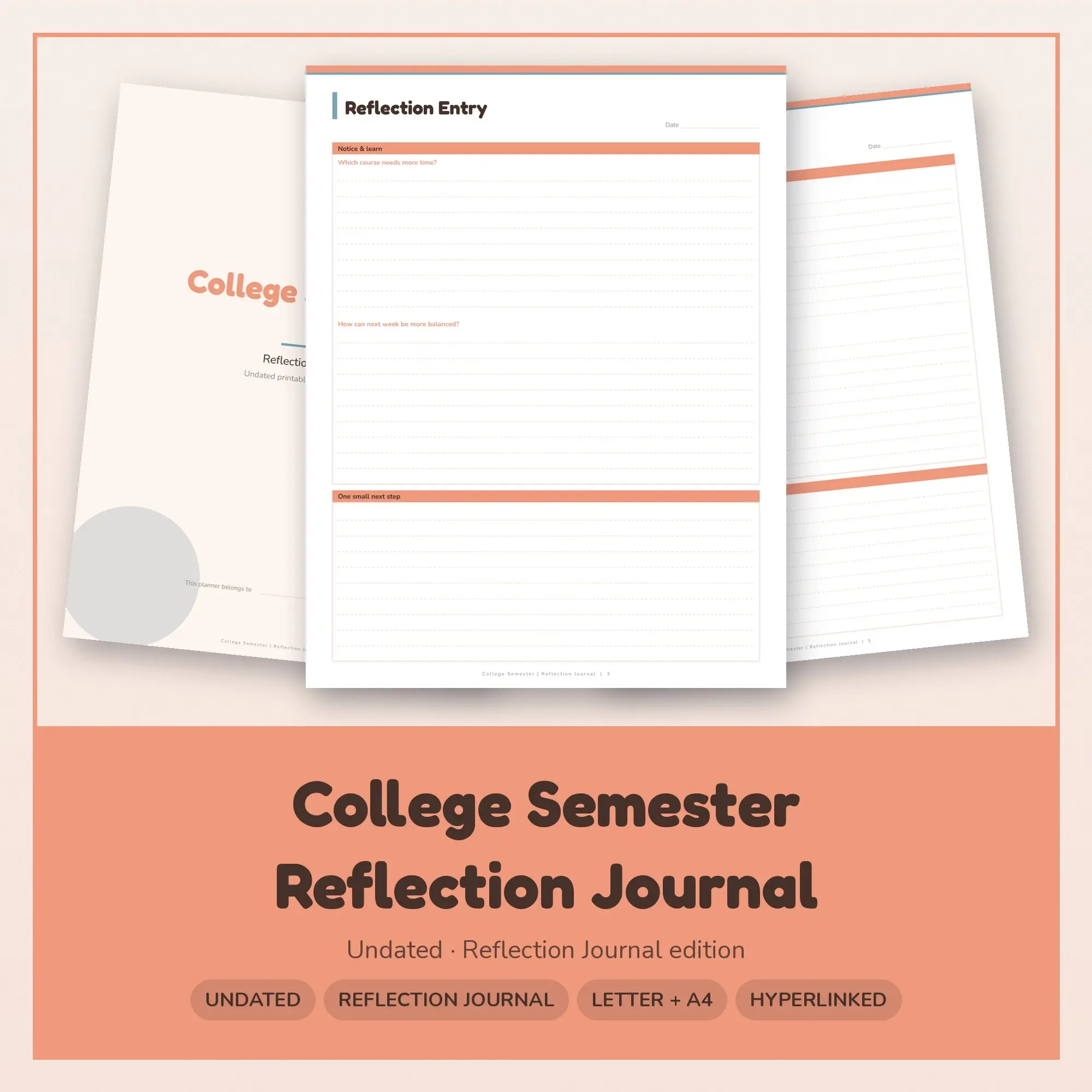 College Semester Reflection Journal Planner PDF - Peach preview