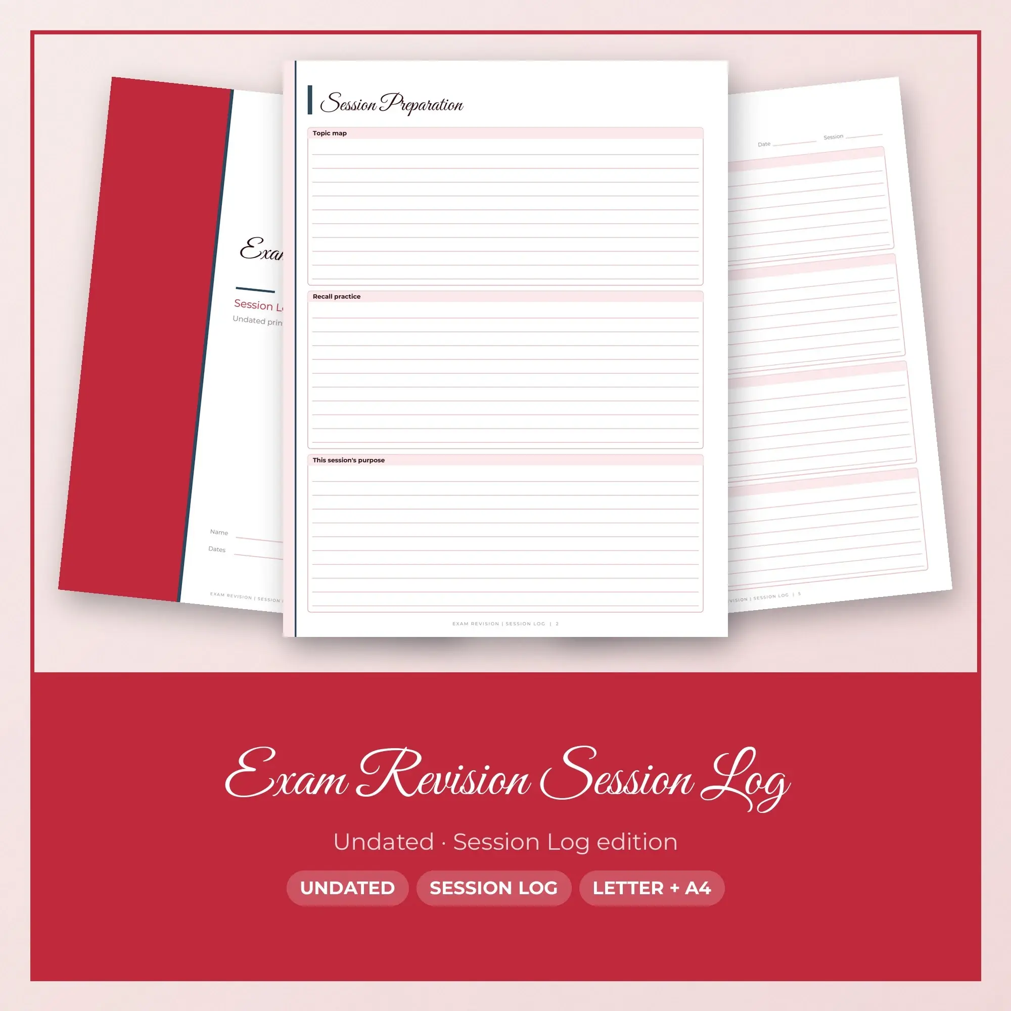 Exam Revision Session Log Planner PDF - Cherry preview