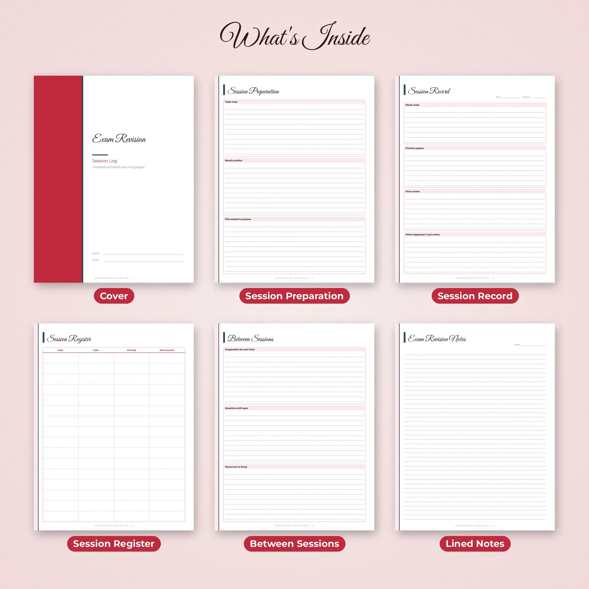 Exam Revision Session Log Planner PDF - Cherry, preview 2 of 2