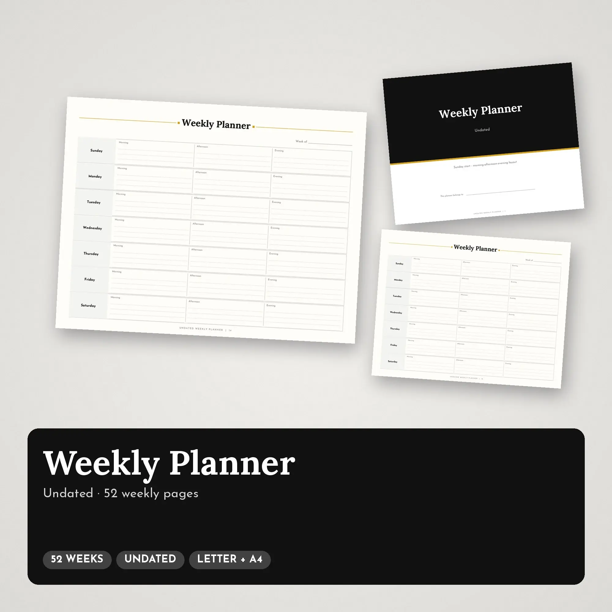 Morning-Afternoon-Evening Weekly Planner Printable, Refined Ink Black Undated preview