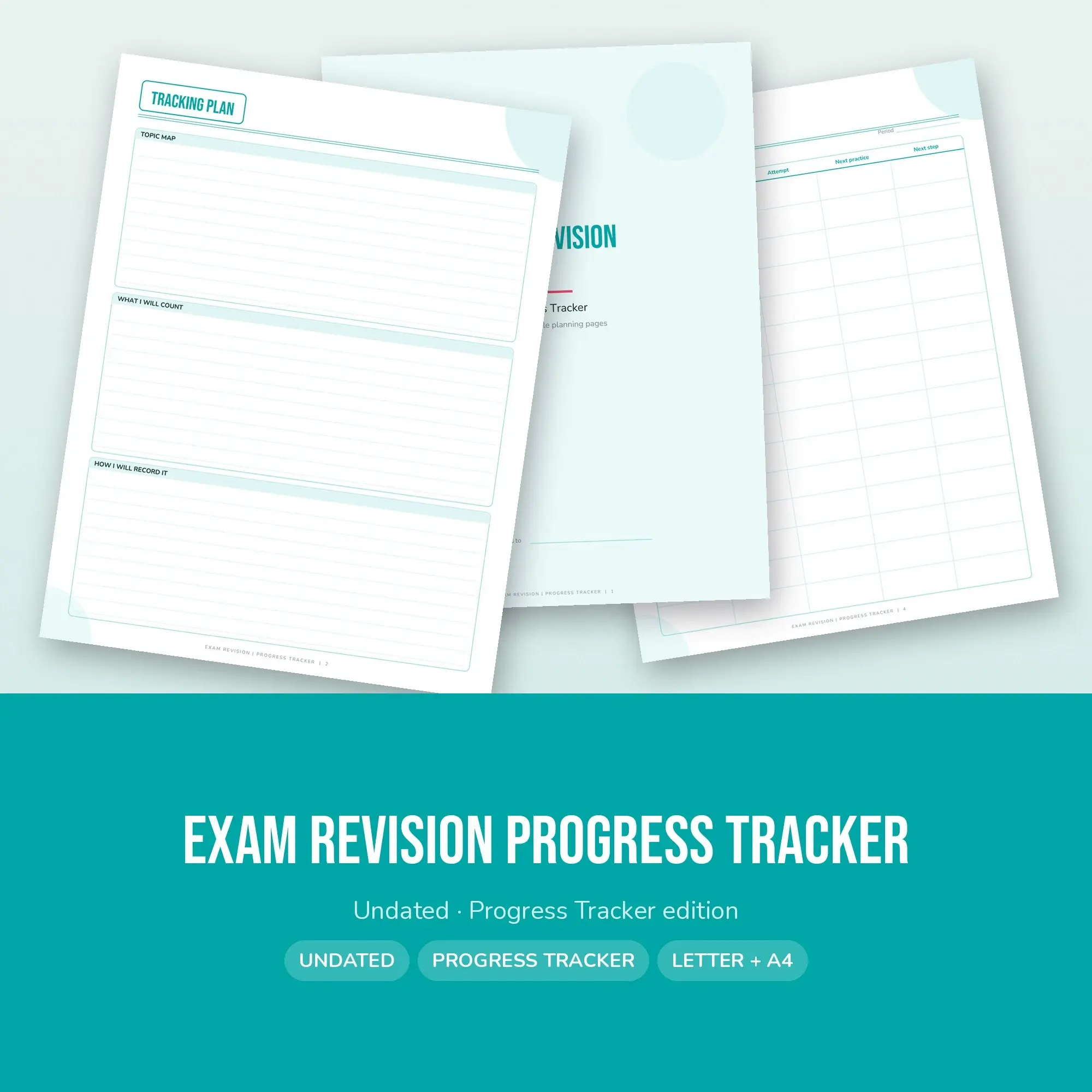 Exam Revision Progress Tracker Planner PDF - Aqua preview