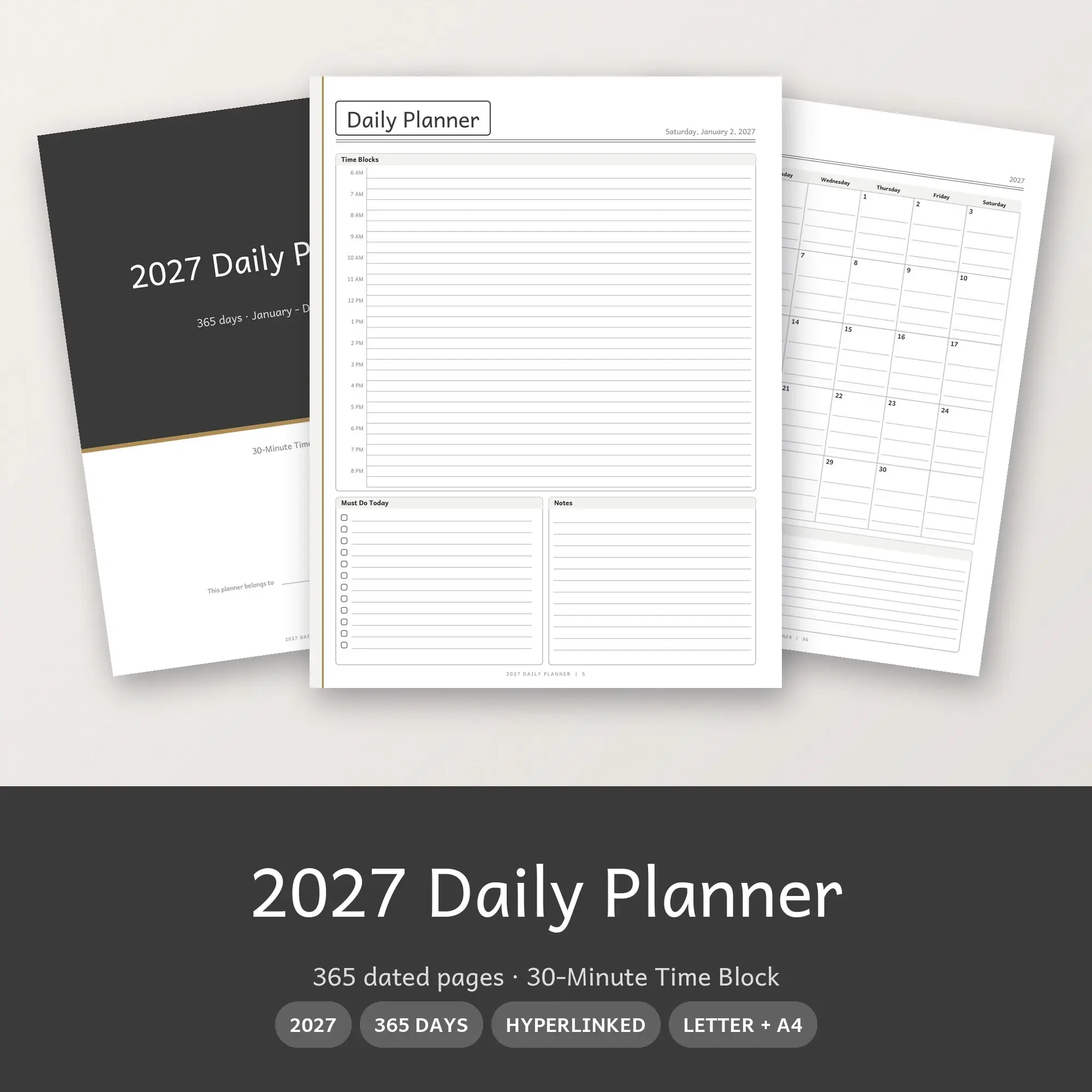 2027 Digital Daily Planner, Hyperlinked PDF + Printable, Charcoal preview
