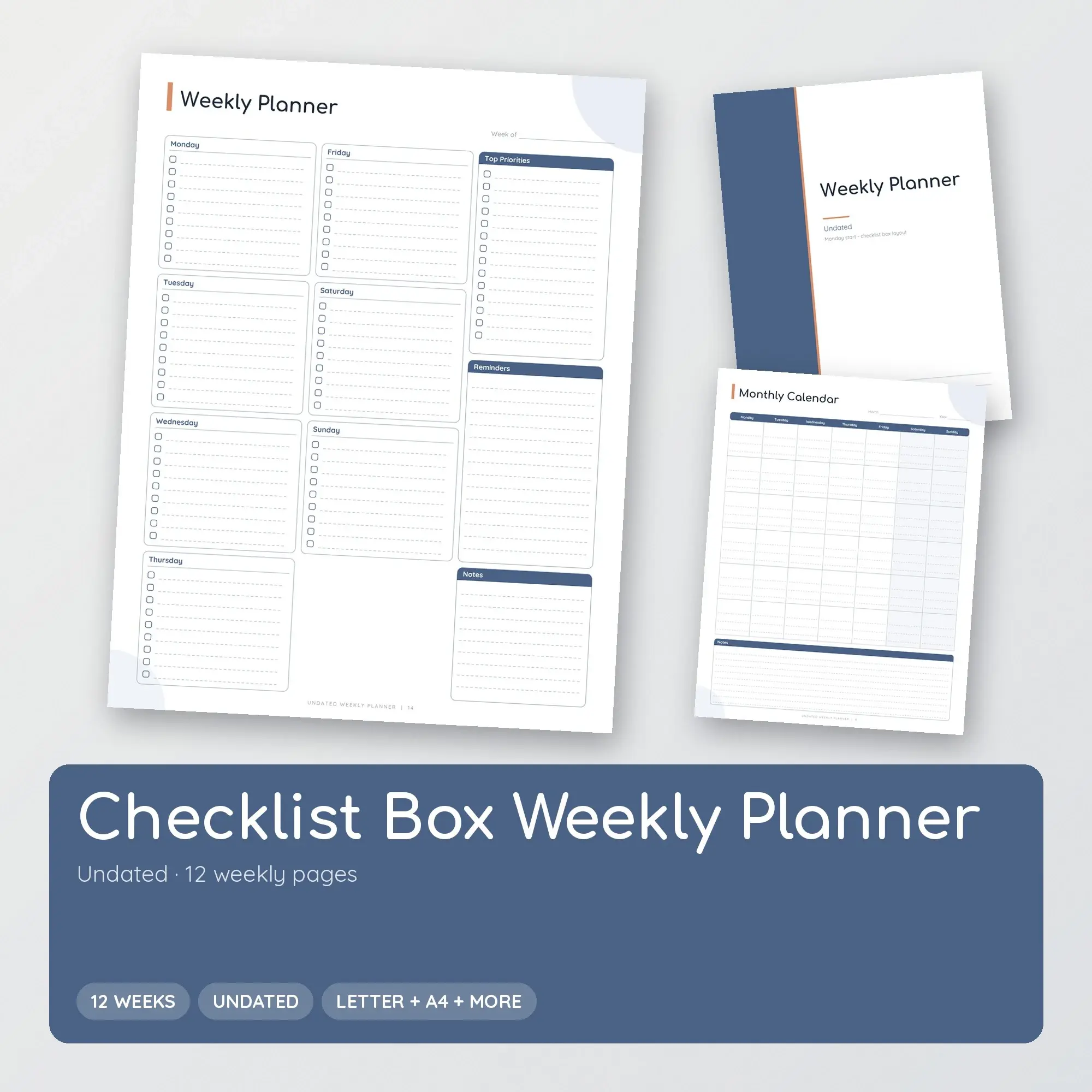 Printable Weekly Planner Undated Fun Slate Blue, 12 Weeks, preview 1 of 2