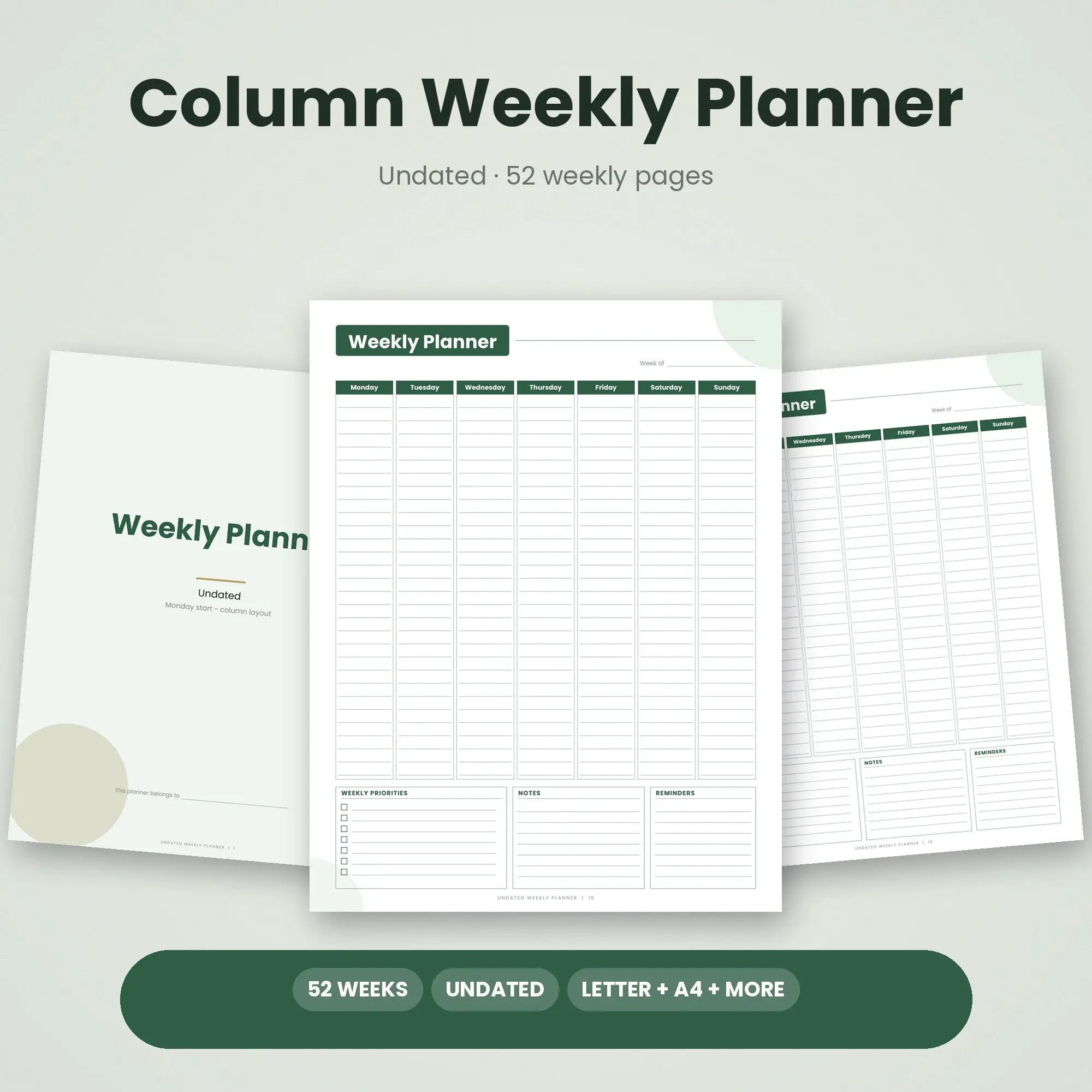 Minimalist Weekly Planner Printable, Undated Forest PDF preview