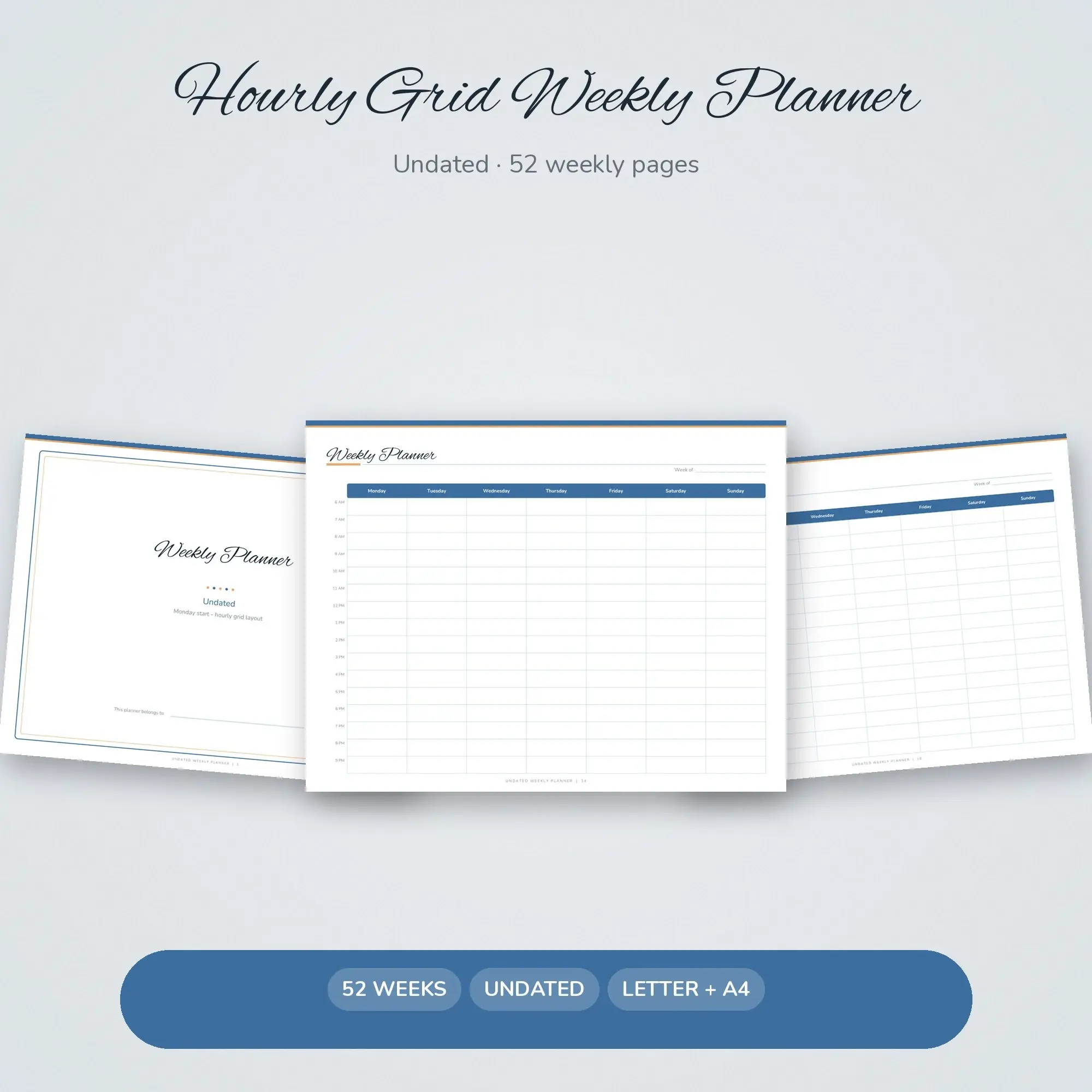 Denim Weekly Planner Undated, Hourly Grid Pages US Letter A4 preview