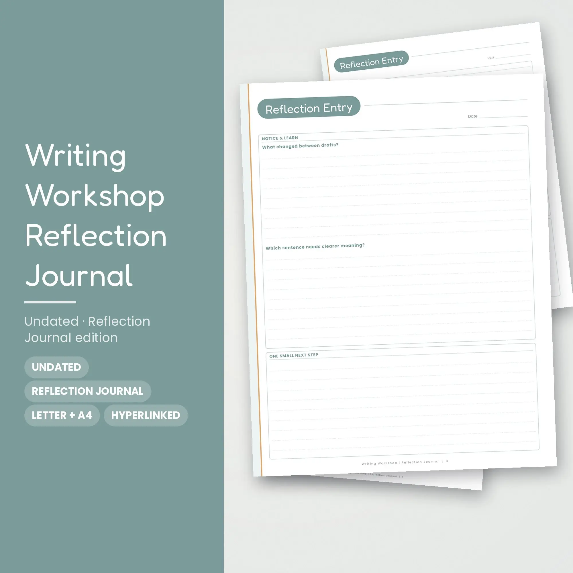 Writing Workshop Reflection Journal Planner PDF - Seafoam preview