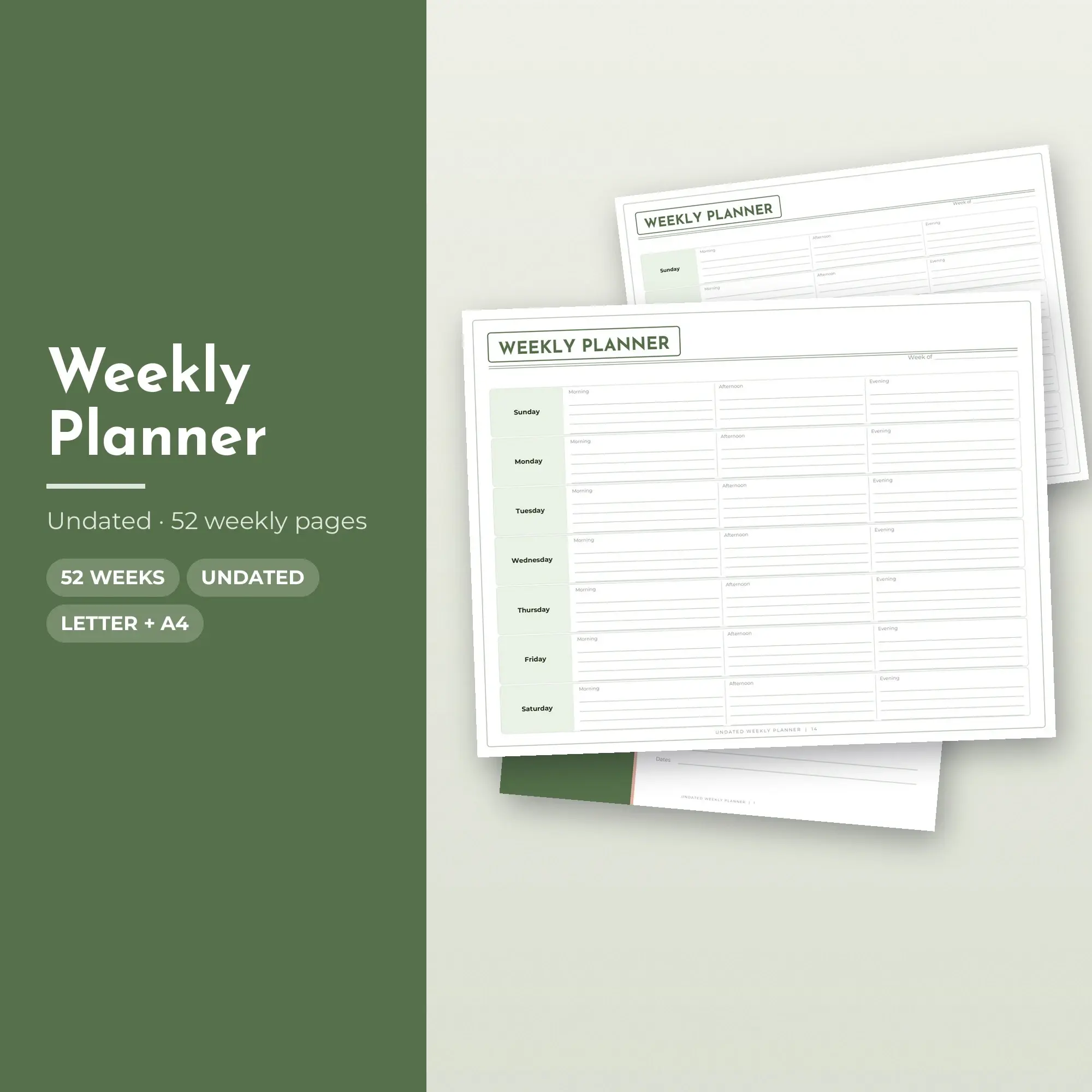 Morning-Afternoon-Evening Weekly Planner Printable, Modern Moss Undated preview