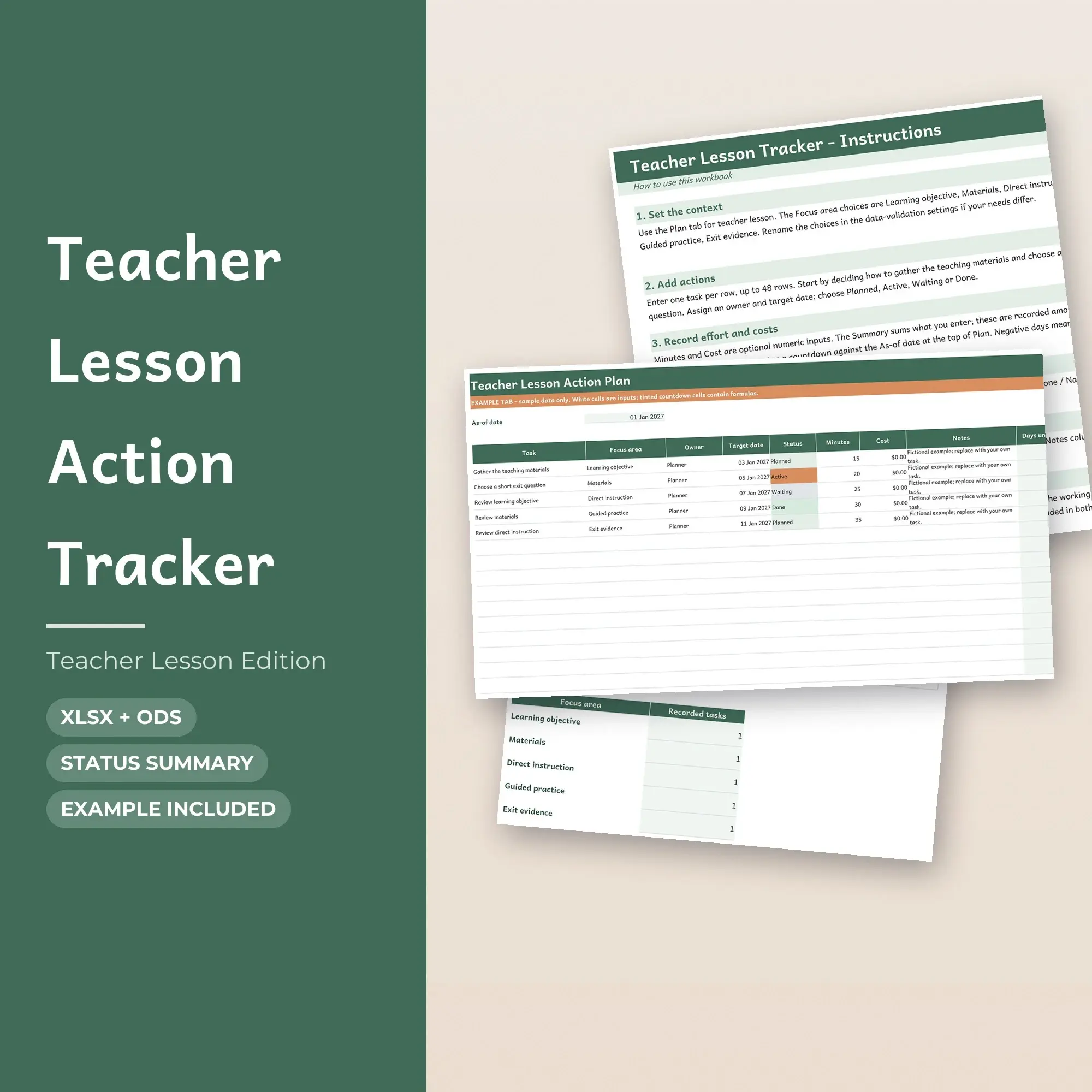 Teacher Lesson Action Tracker Spreadsheet, XLSX + ODS preview