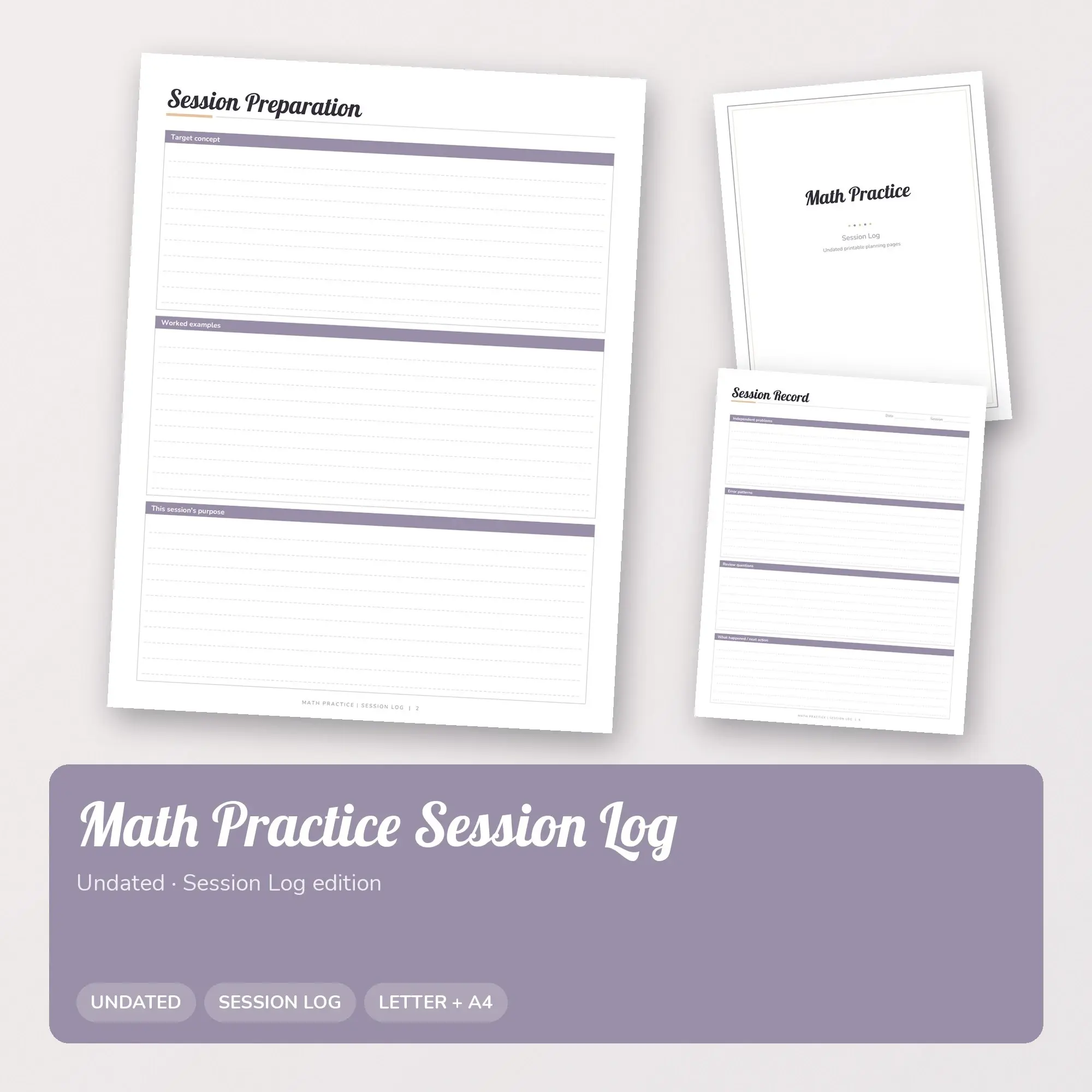 Math Practice Session Log Planner PDF - Lilac preview