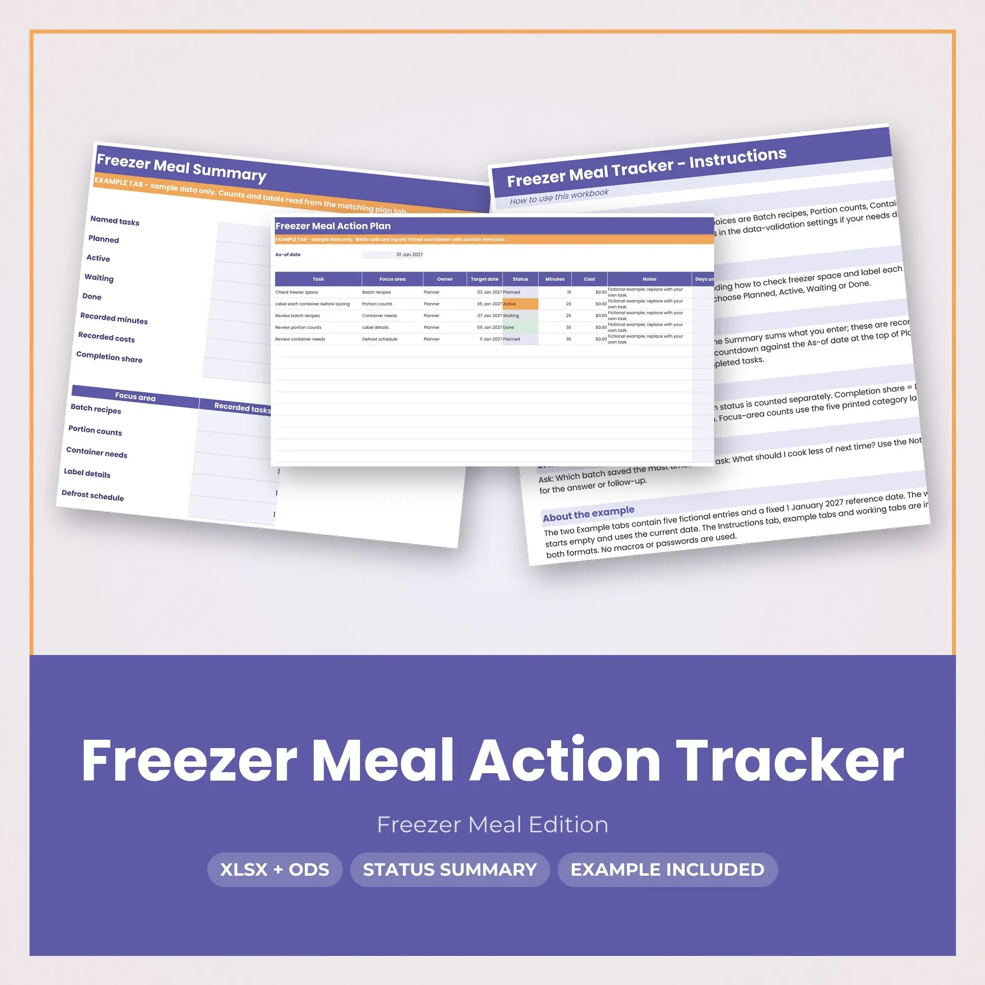 Freezer Meal Action Tracker Spreadsheet, XLSX + ODS preview
