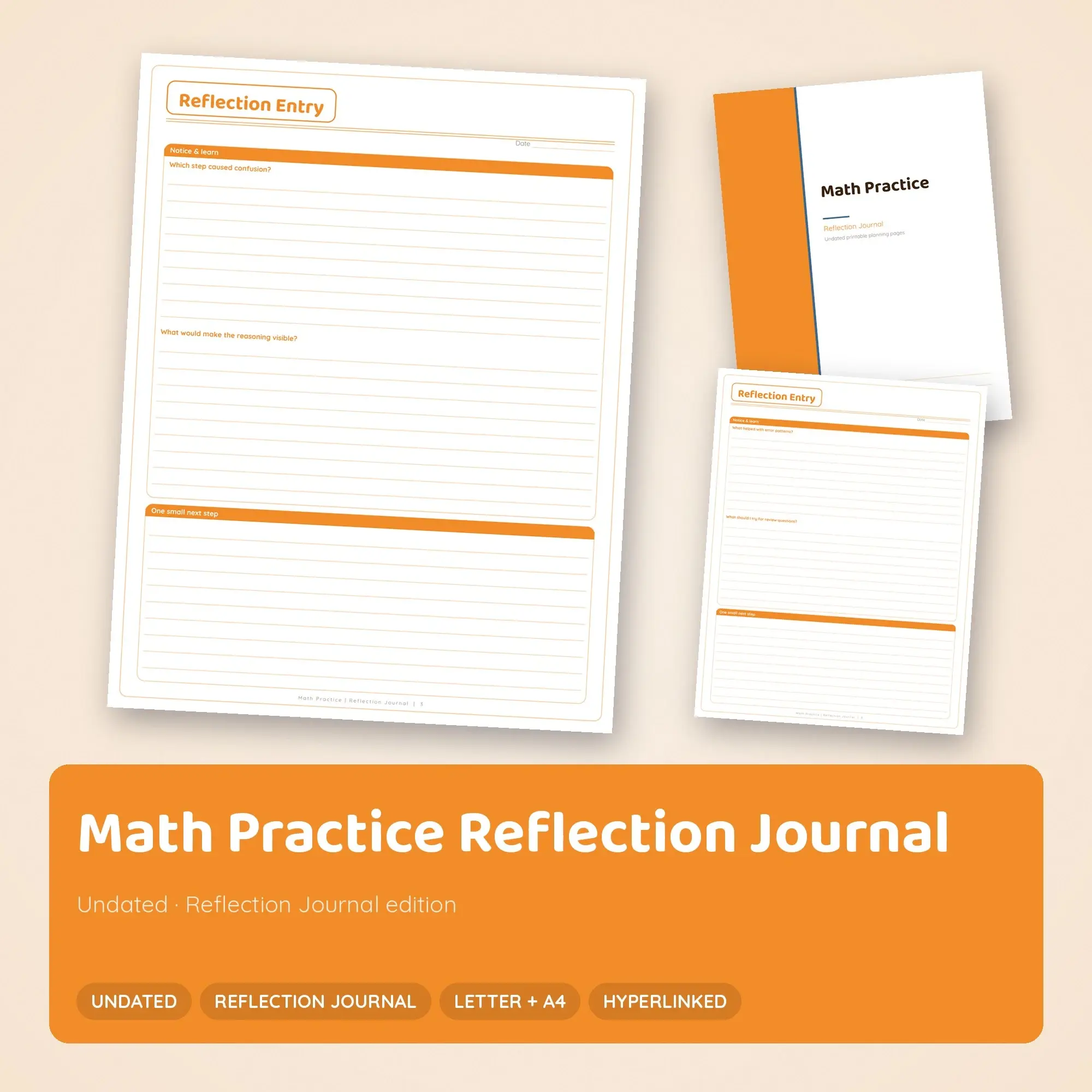 Math Practice Reflection Journal Planner PDF - Tangerine preview