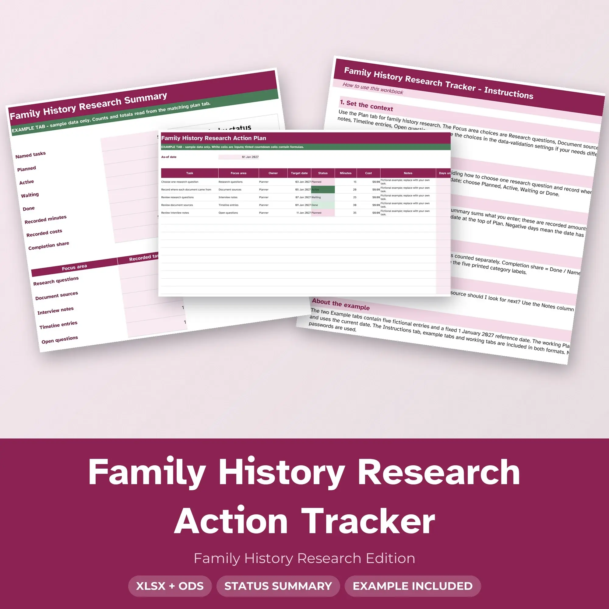 Family History Research Action Tracker Spreadsheet, XLSX + ODS preview