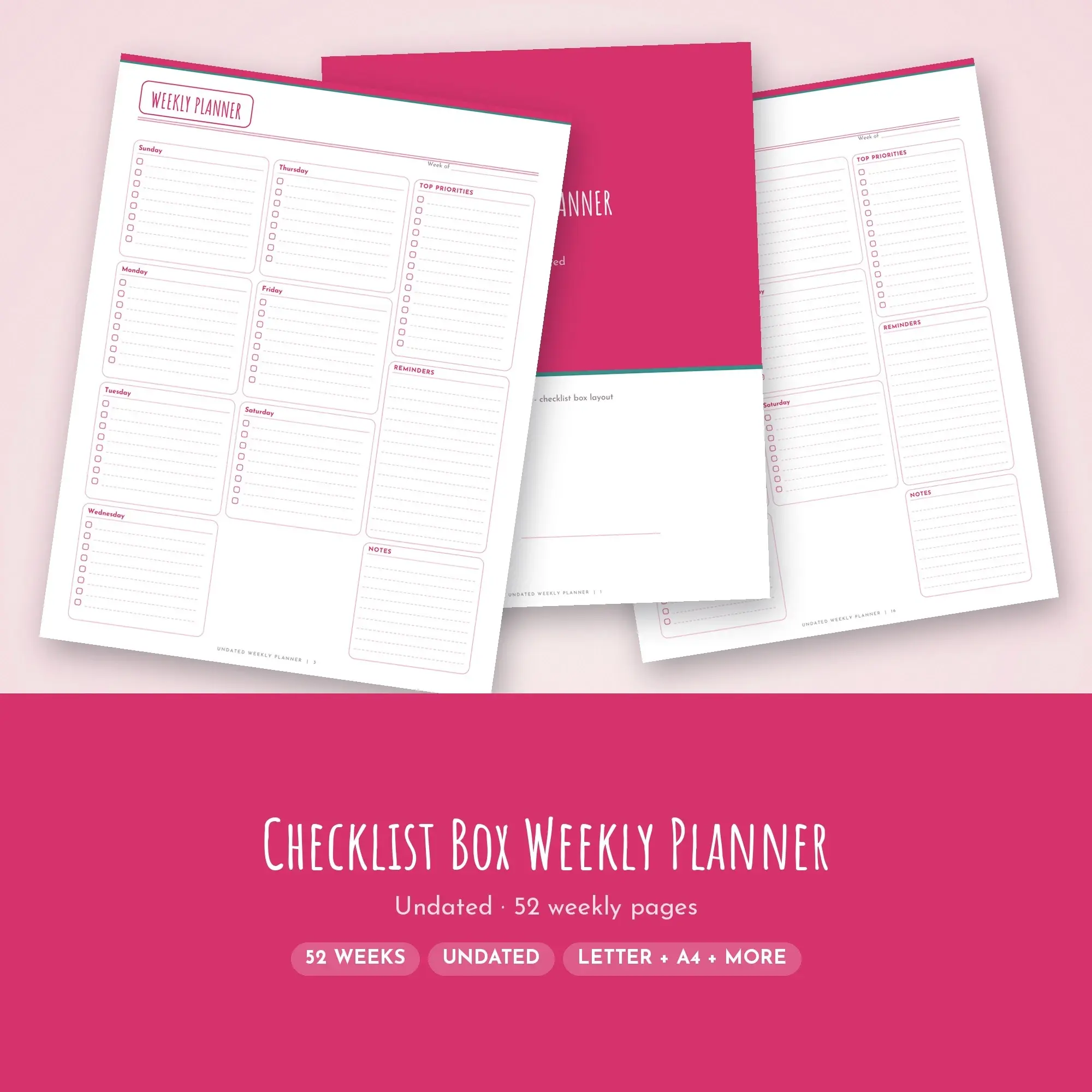 Printable Weekly Planner Undated Handwritten Raspberry, 52 Weeks preview