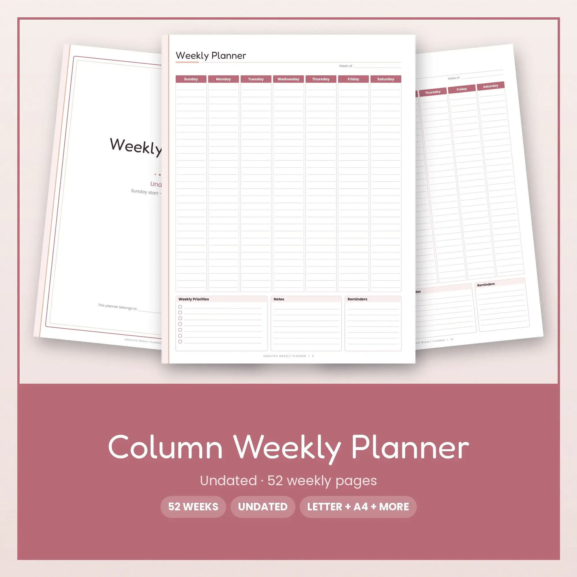 Pastel Weekly Planner Printable, Undated Dusty Rose PDF preview