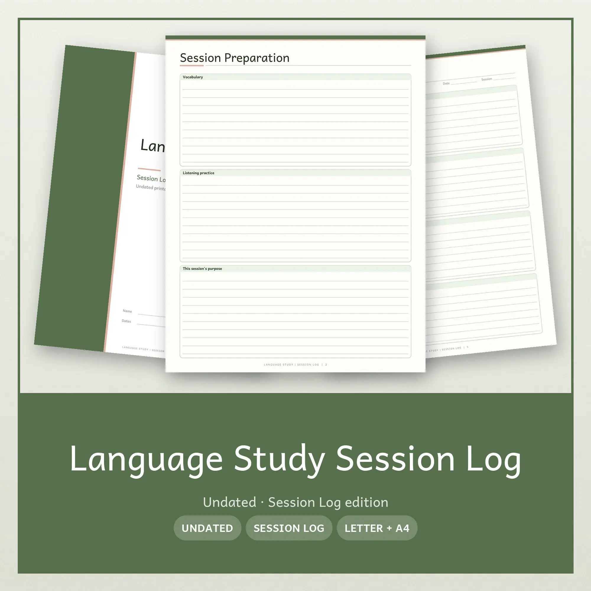 Language Study Session Log Planner PDF - Moss preview