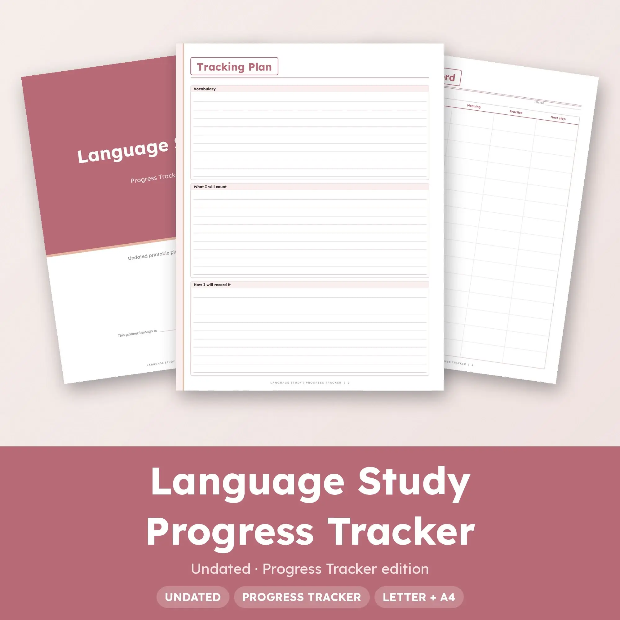 Language Study Progress Tracker Planner PDF - Dusty Rose preview