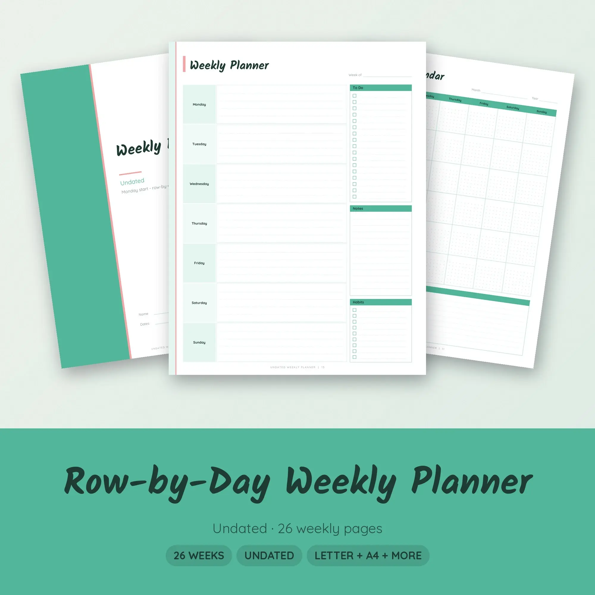 Undated Weekly Planner Printable - Row-by-Day Layout, Mint preview