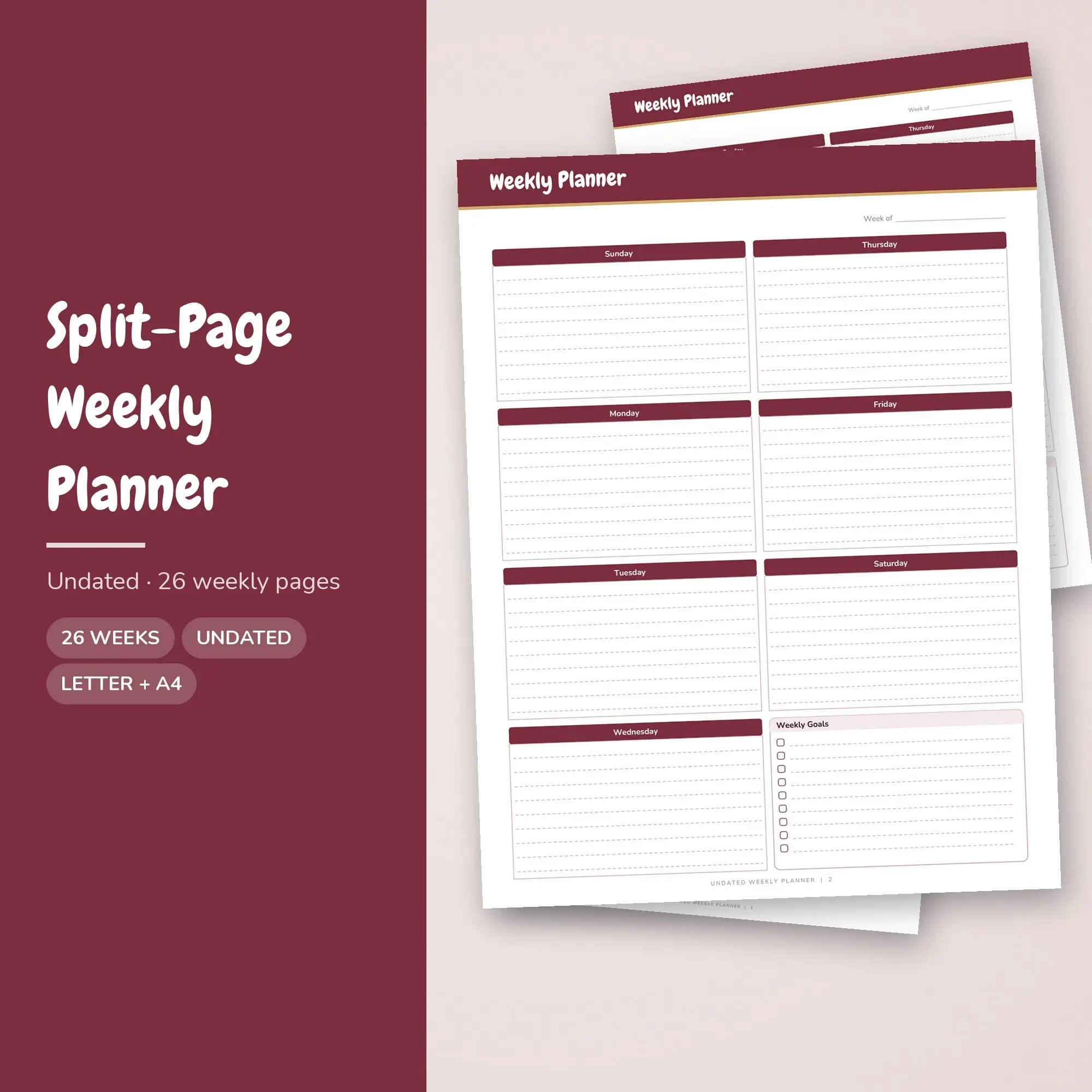 Weekly Planner Printable PDF, Split-Page Layout, Undated Cheerful, preview 1 of 2