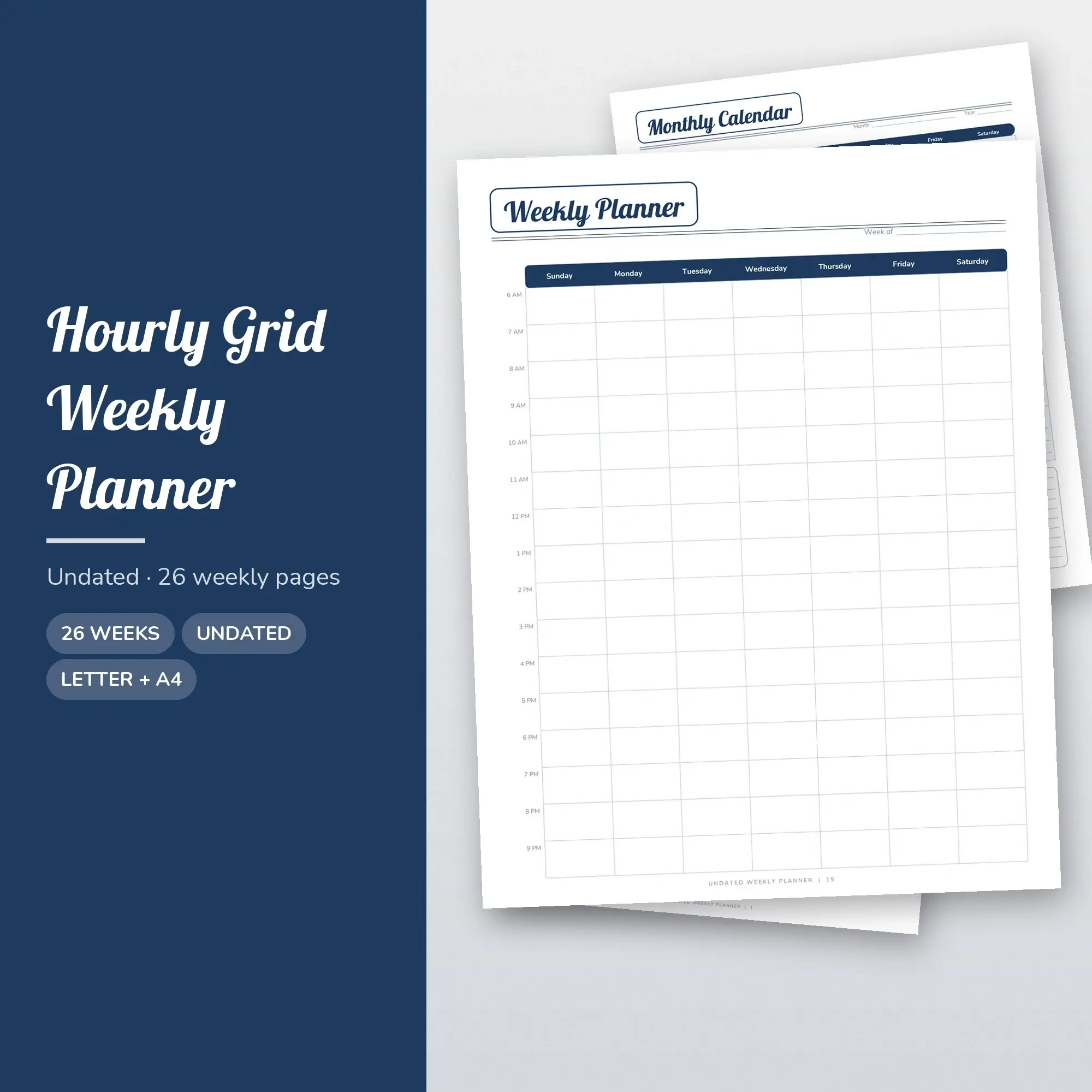 Navy Weekly Planner Undated, Hourly Grid Pages US Letter A4 preview