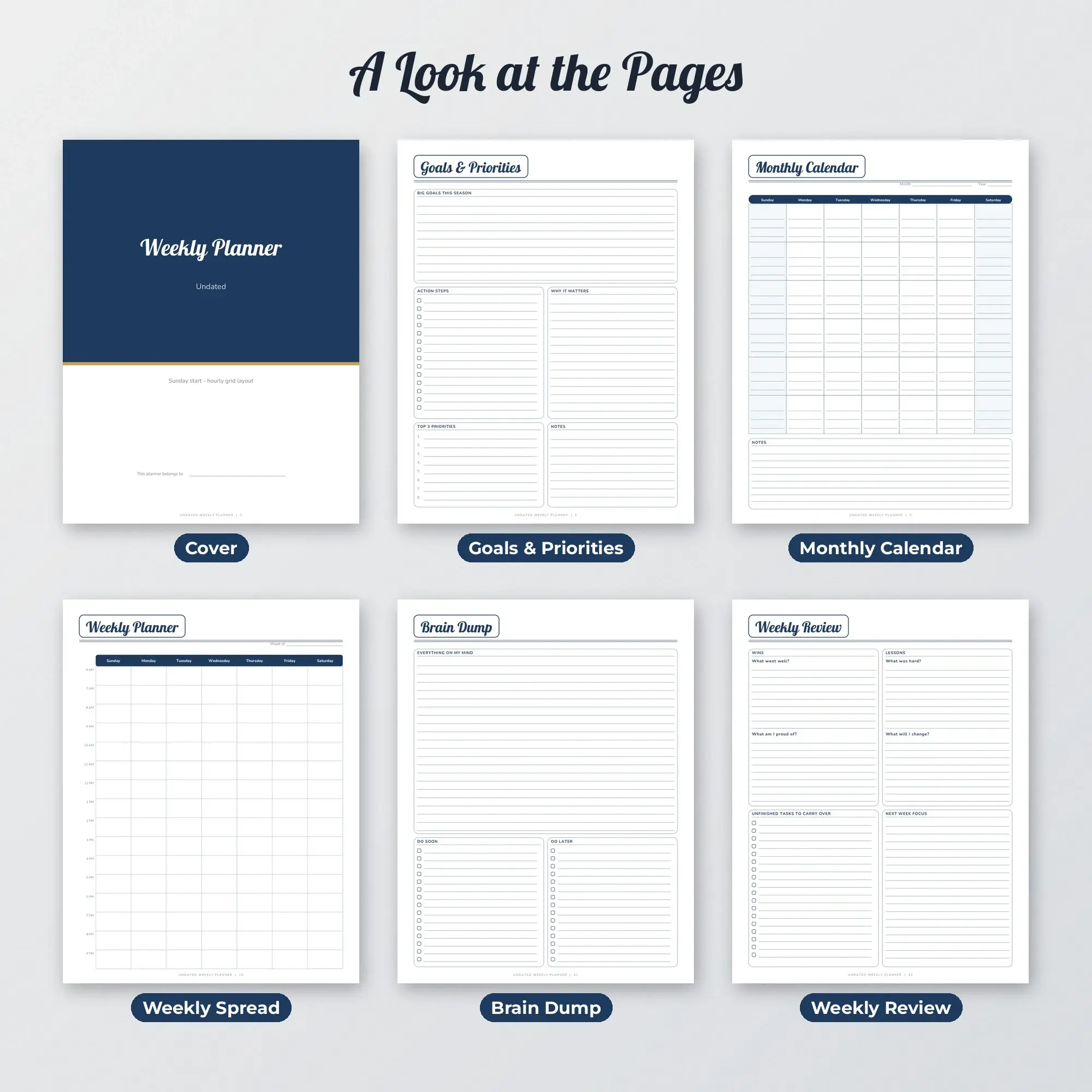 Navy Weekly Planner Undated, Hourly Grid Pages US Letter A4, preview 2 of 2